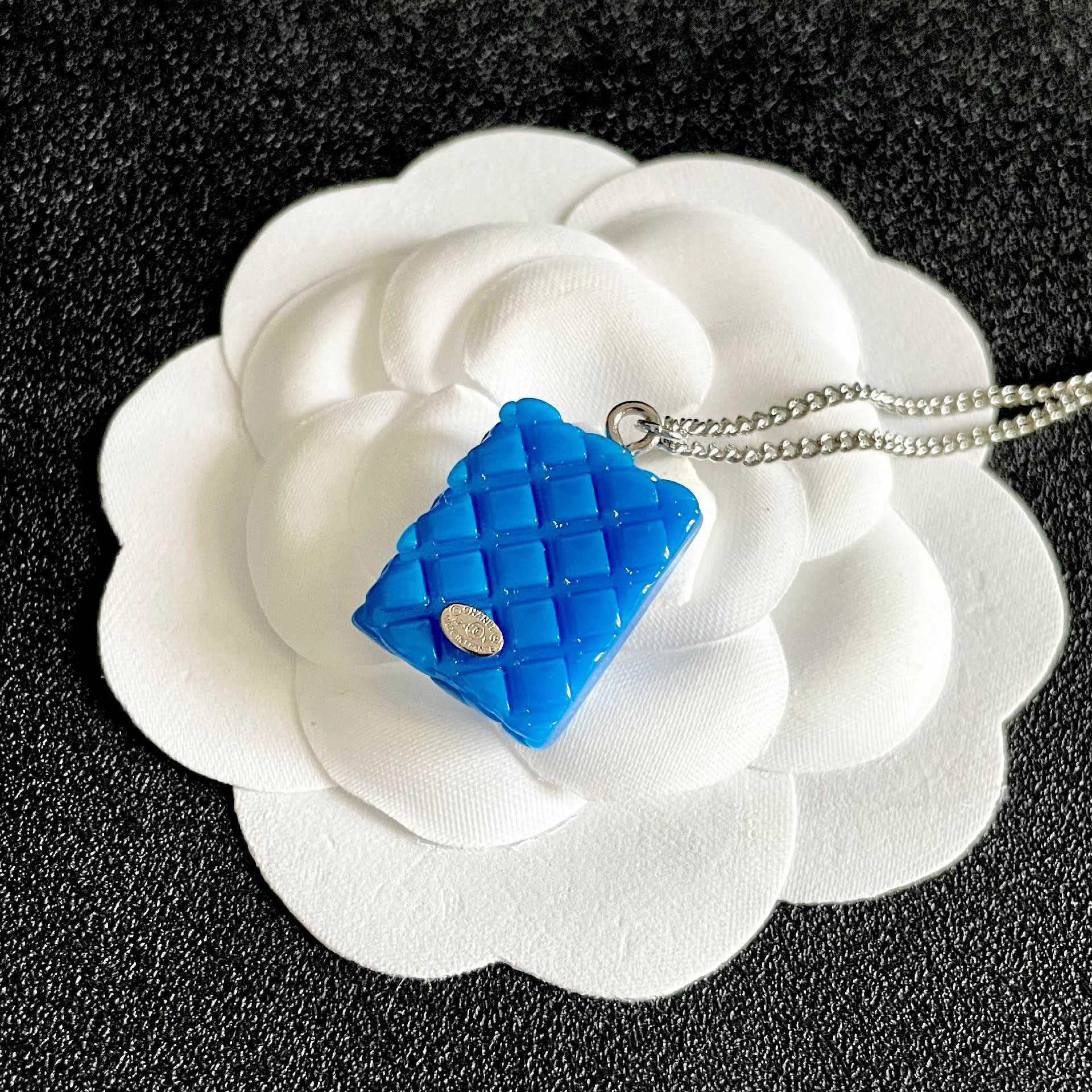 Chanel Blue Square Pendant Necklace
