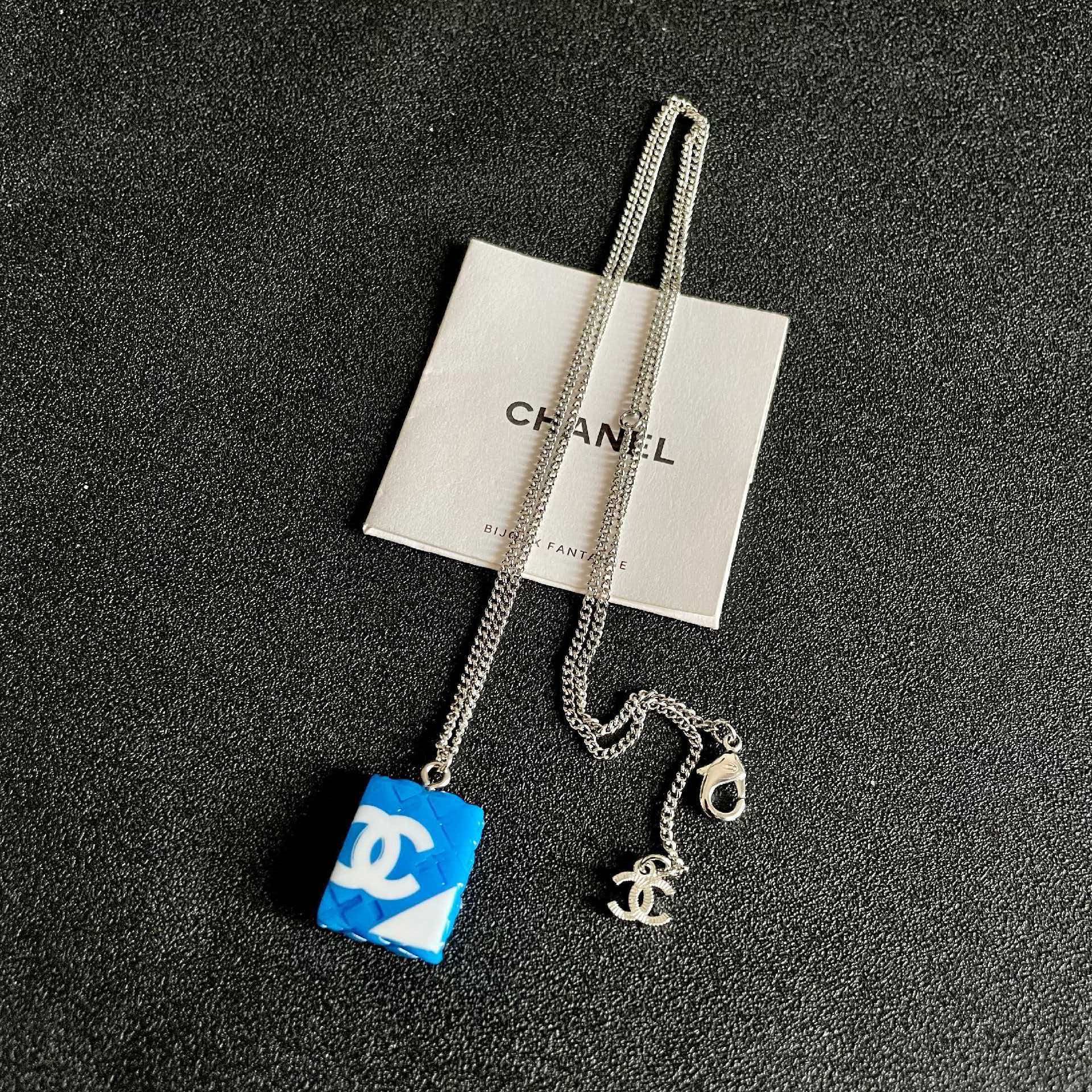 Chanel Blue Square Pendant Necklace