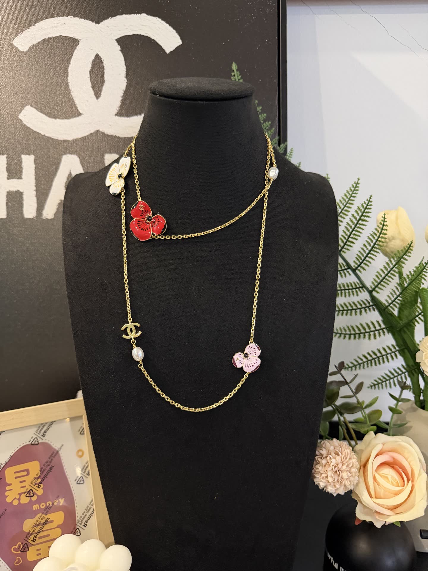 Chanel Necklace with Enamel Flowers and Pearls