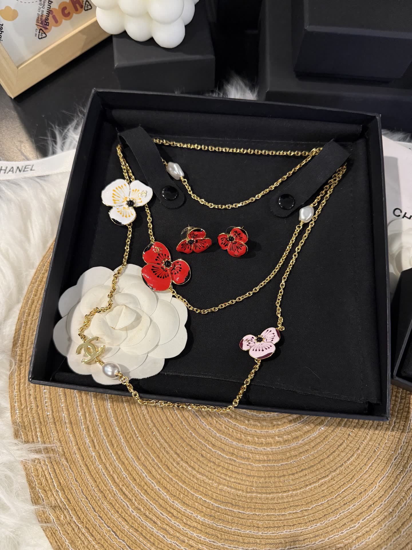 Chanel Necklace with Enamel Flowers and Pearls