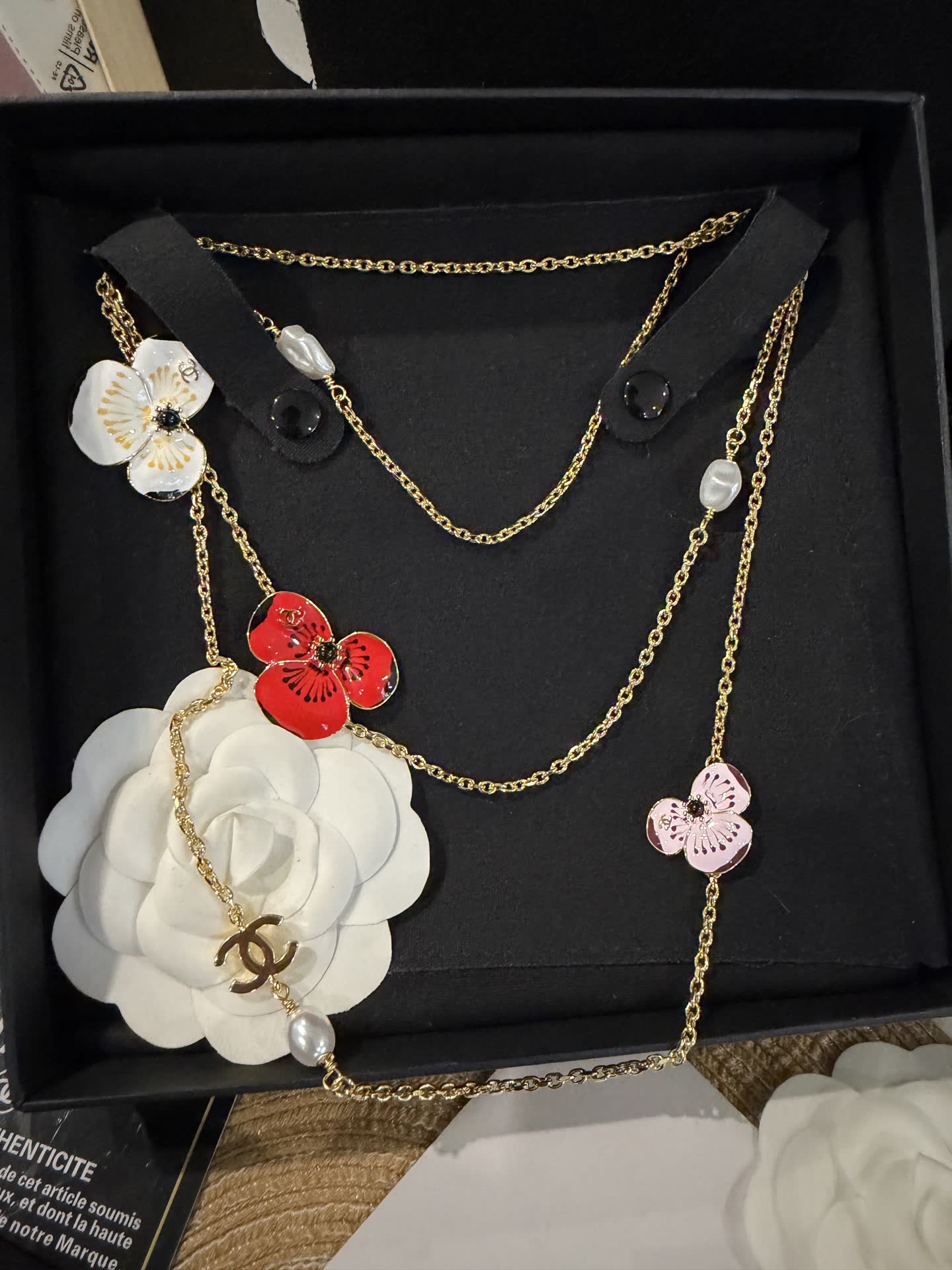 Chanel Necklace with Enamel Flowers and Pearls