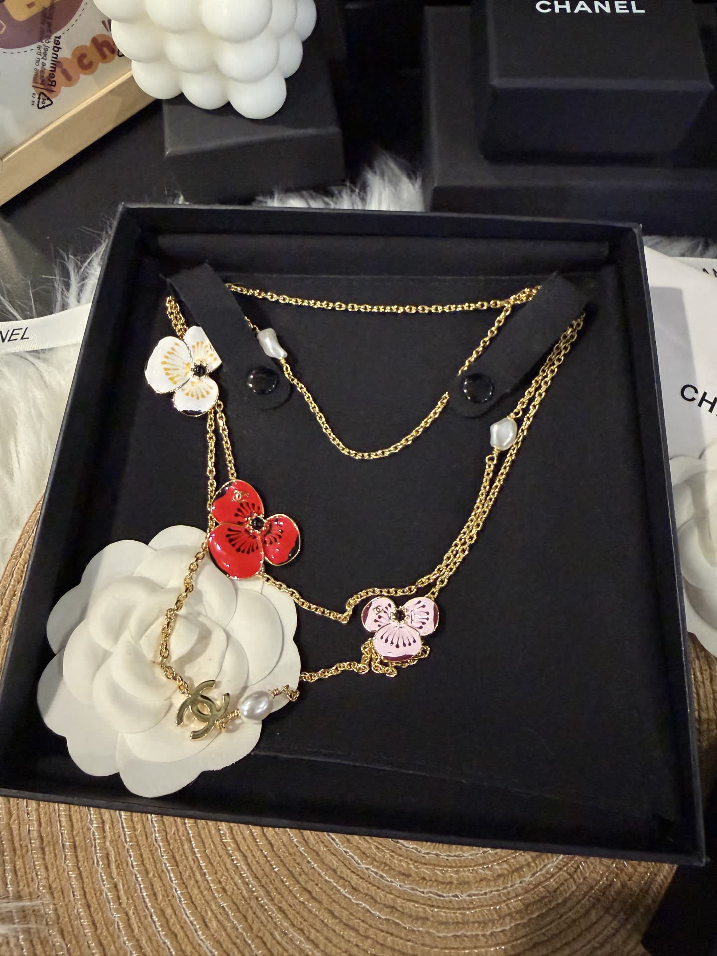 Chanel Necklace with Enamel Flowers and Pearls