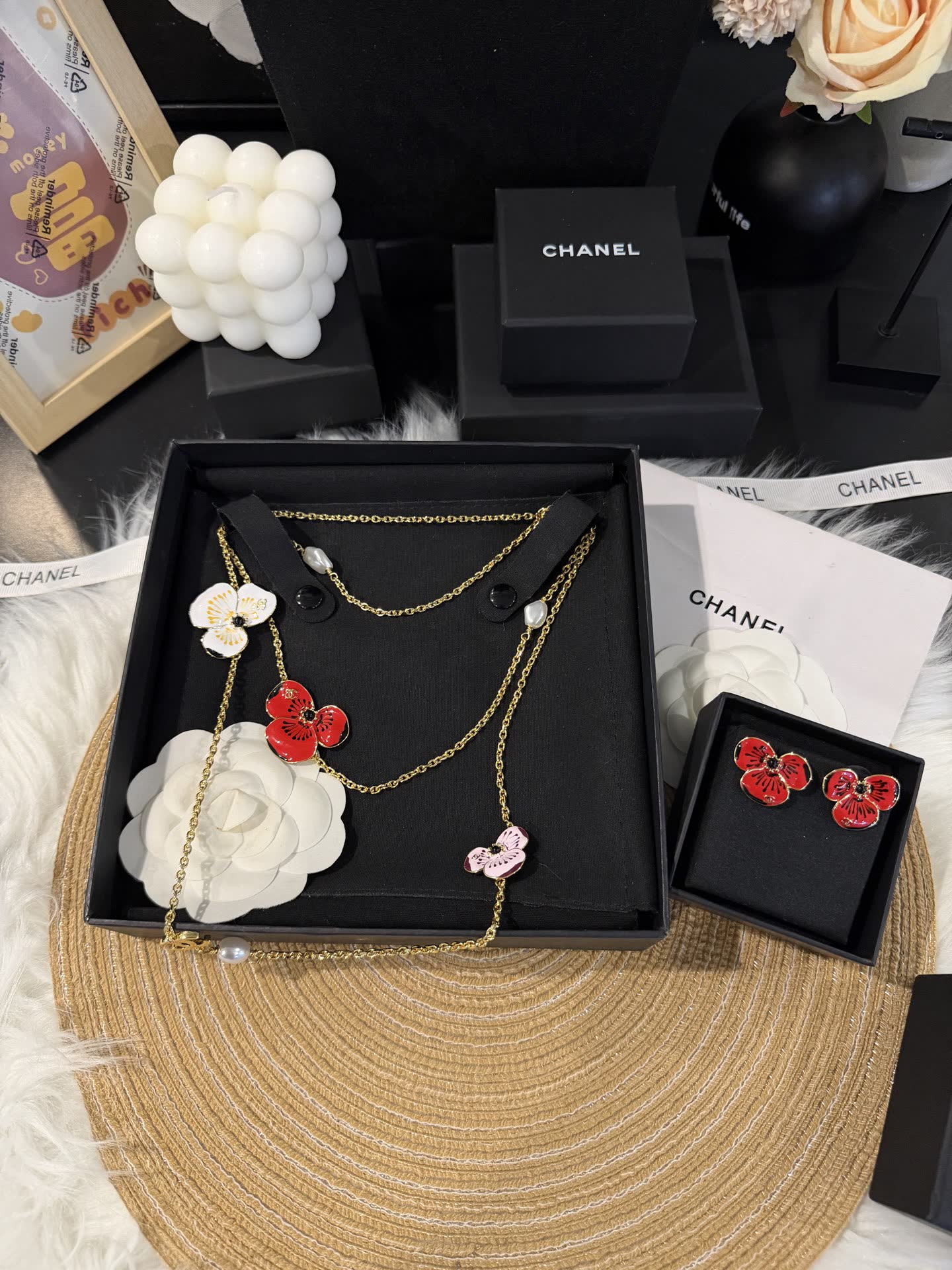 Chanel Necklace with Enamel Flowers and Pearls