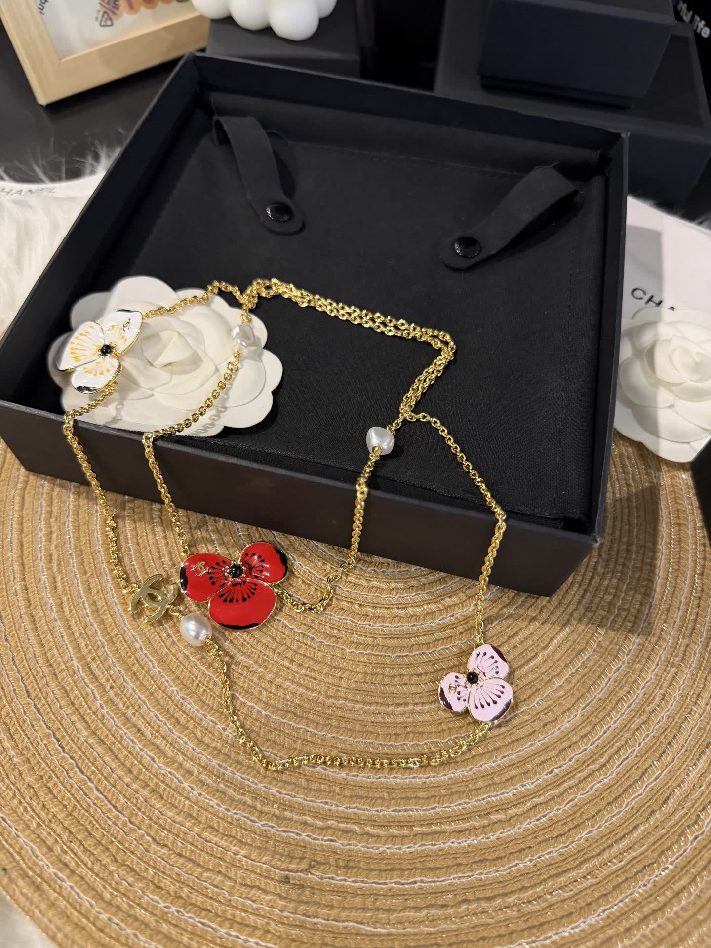 Chanel Necklace with Enamel Flowers and Pearls