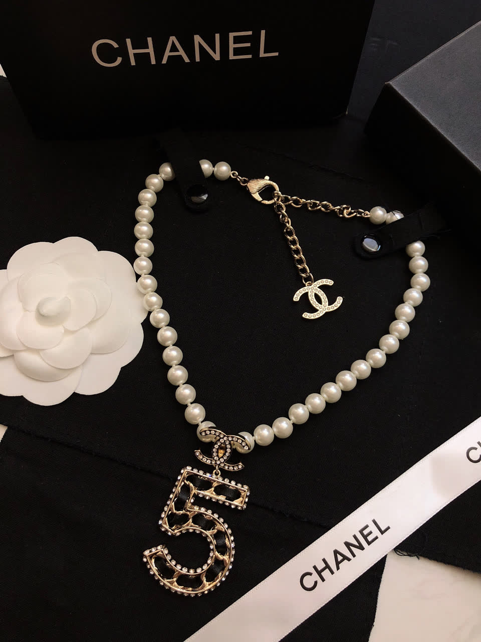 Chanel Pearl Necklace with Number 5 Pendant
