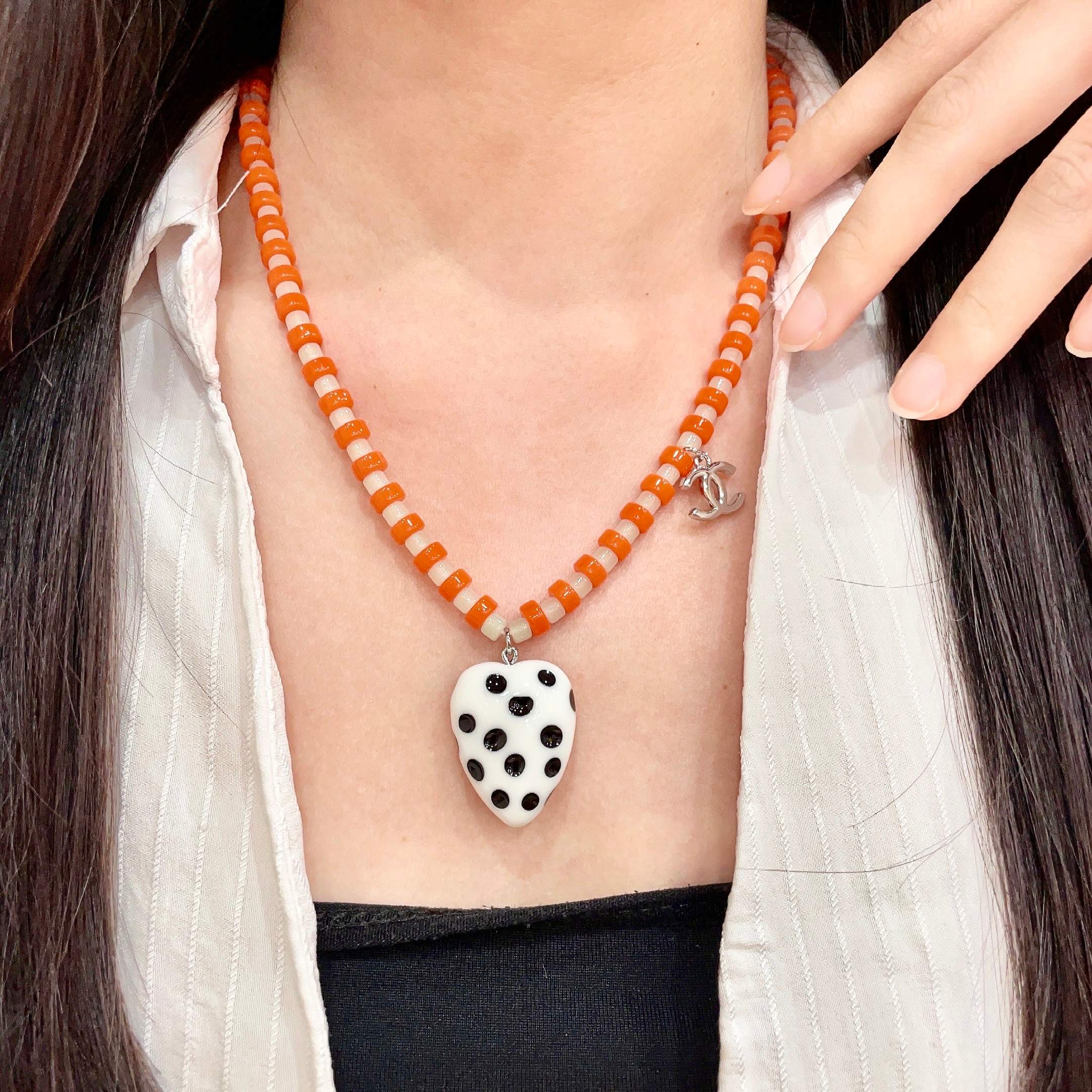 Chanel Orange Beaded Necklace with Heart Pendant