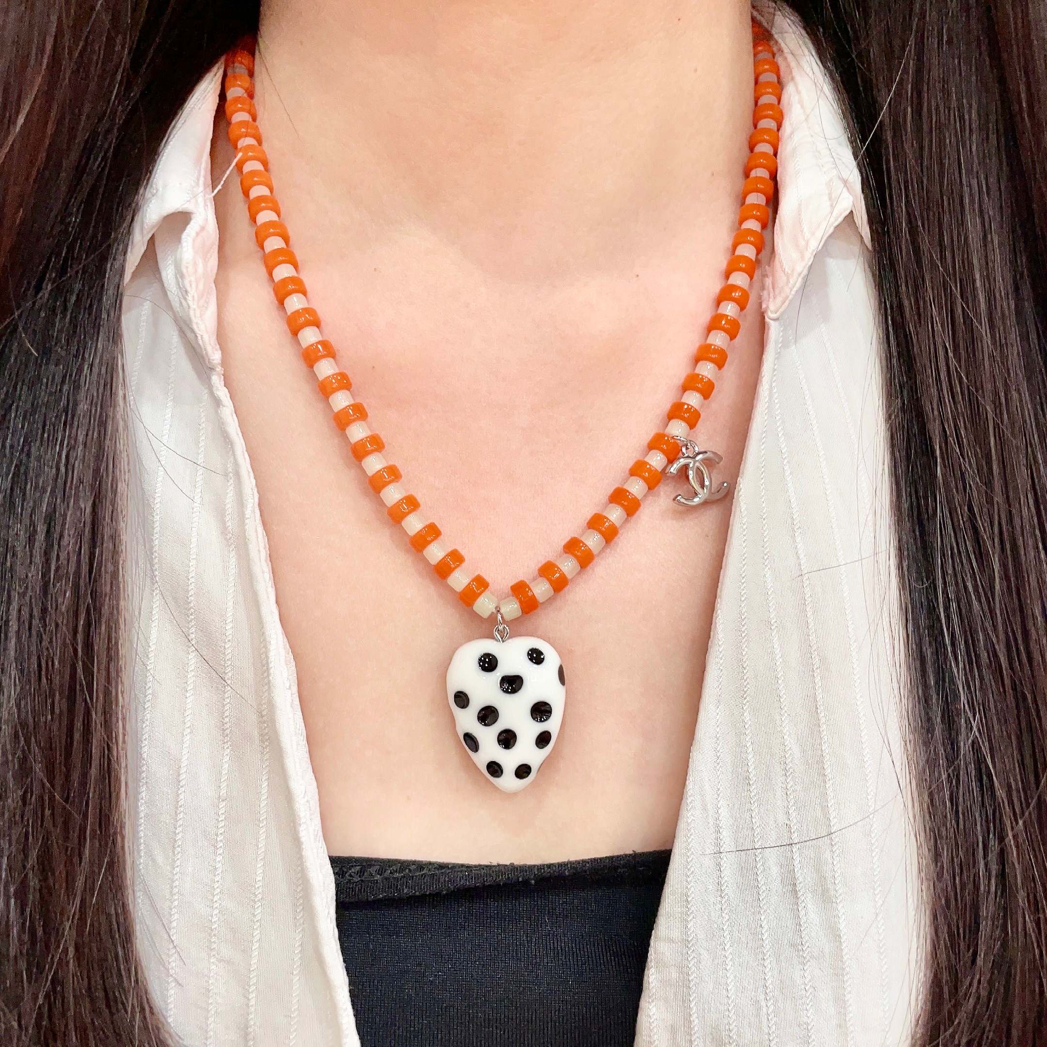 Chanel Orange Beaded Necklace with Heart Pendant
