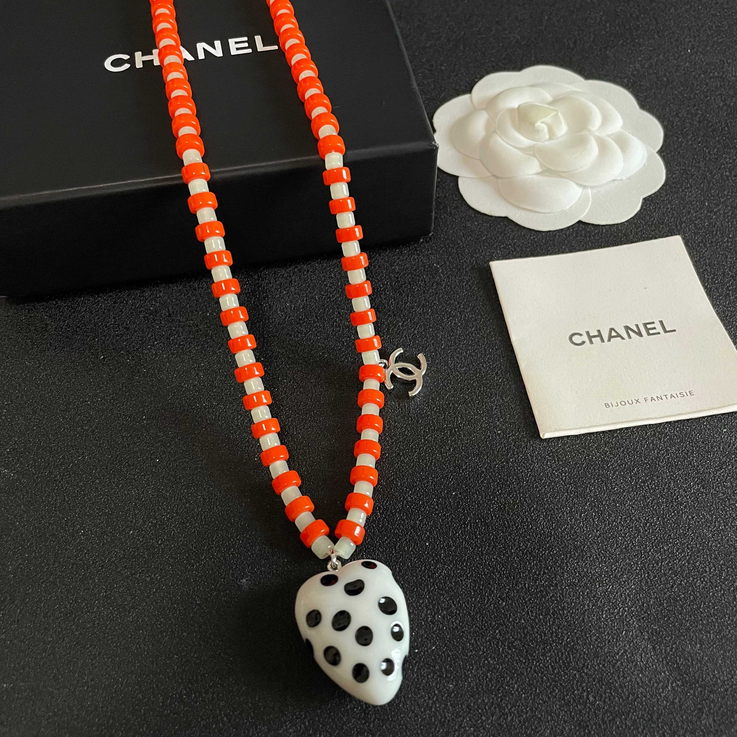 Chanel Orange Beaded Necklace with Heart Pendant