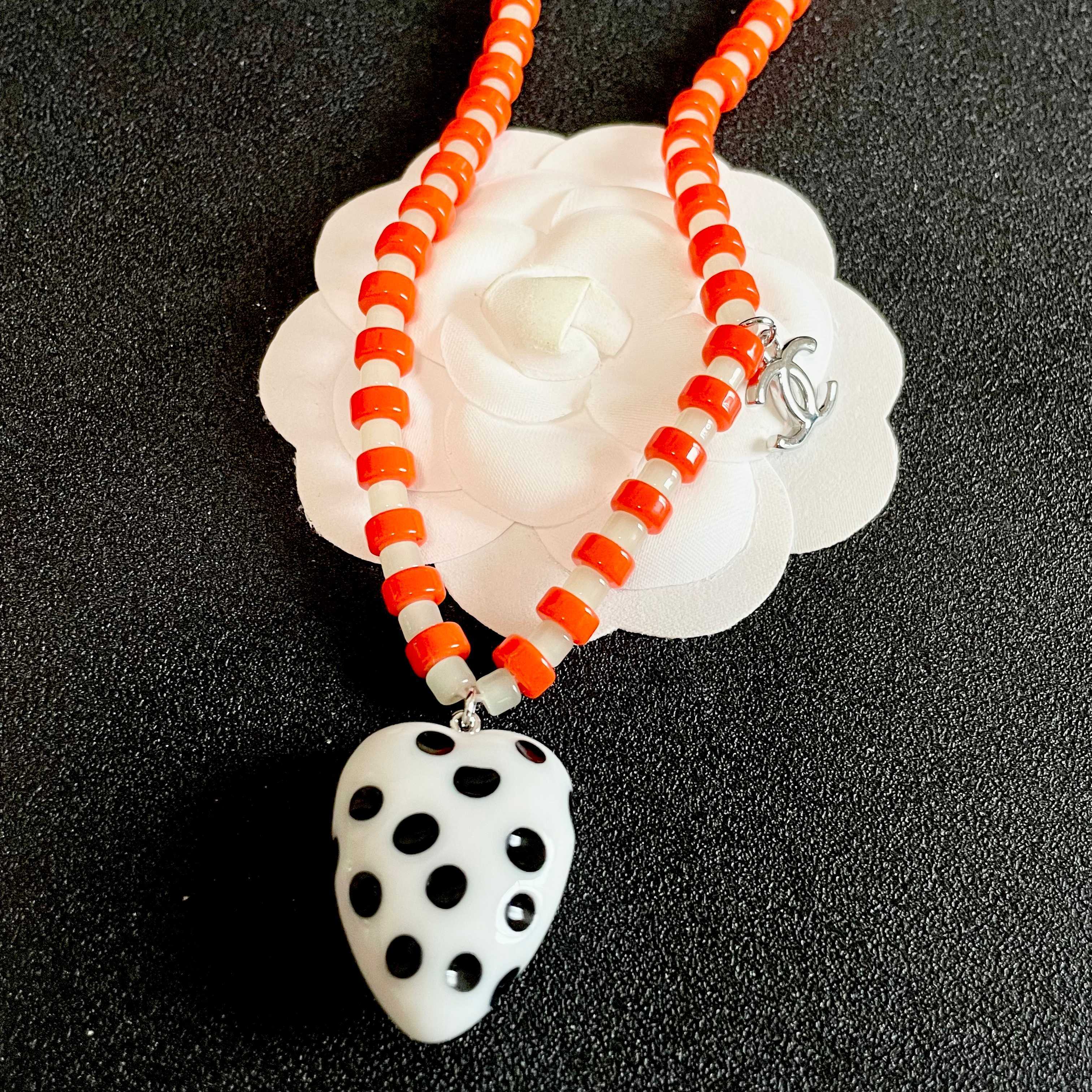 Chanel Orange Beaded Necklace with Heart Pendant