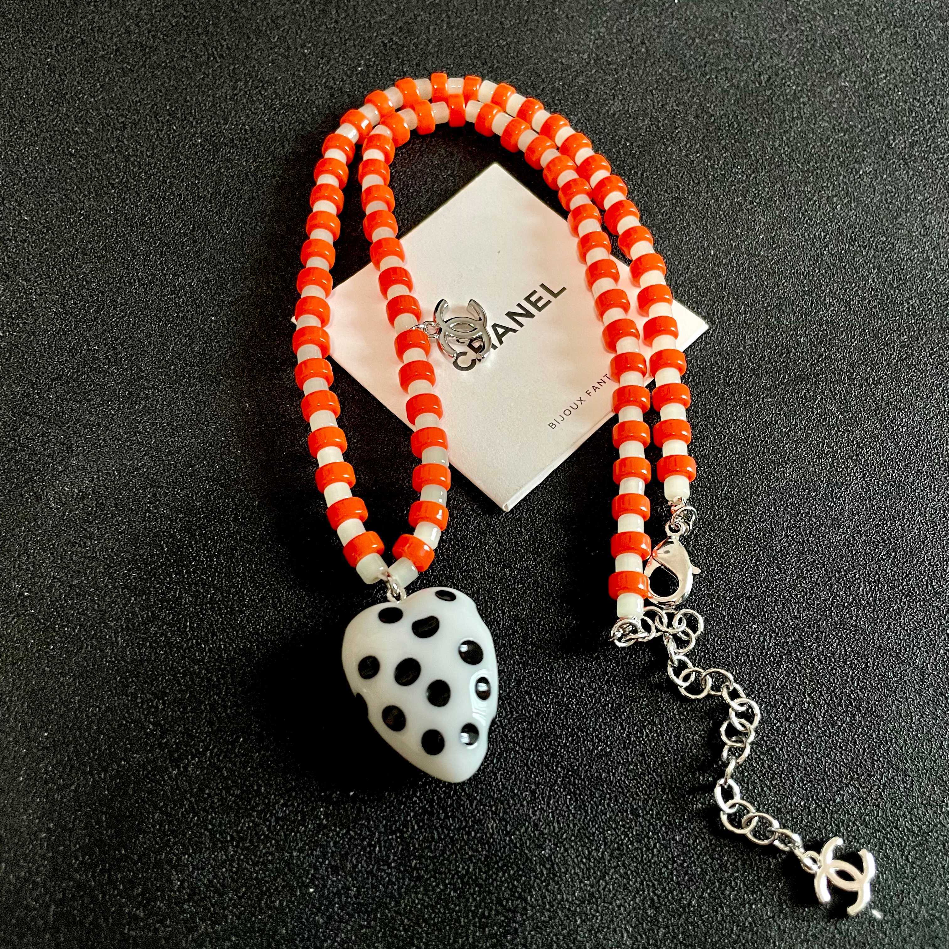 Chanel Orange Beaded Necklace with Heart Pendant