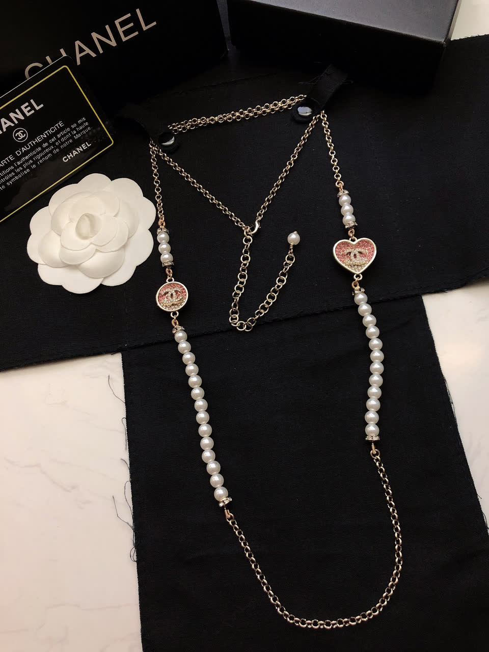 Chanel Pearl and Heart Charm Necklace