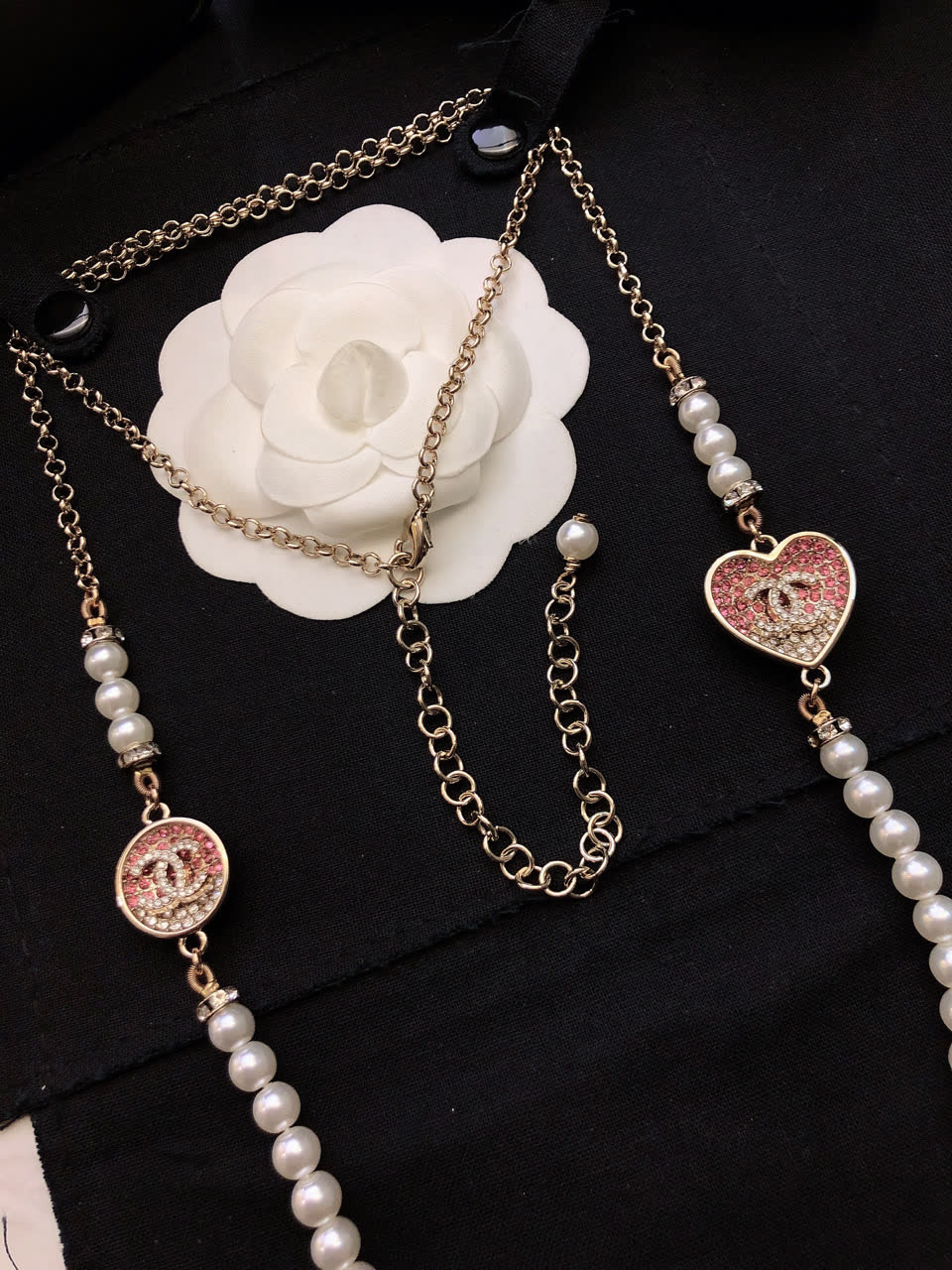 Chanel Pearl and Heart Charm Necklace