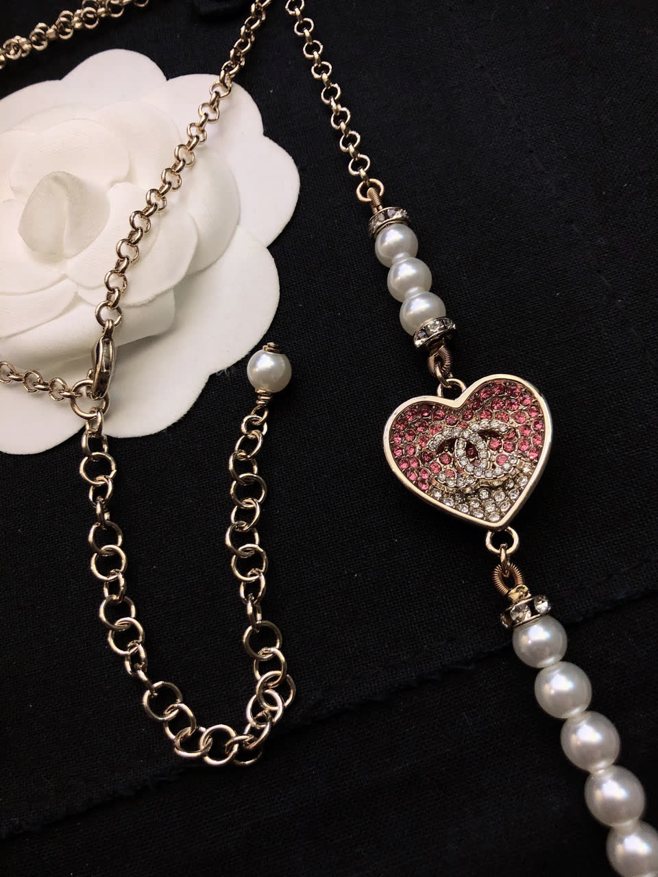 Chanel Pearl and Heart Charm Necklace