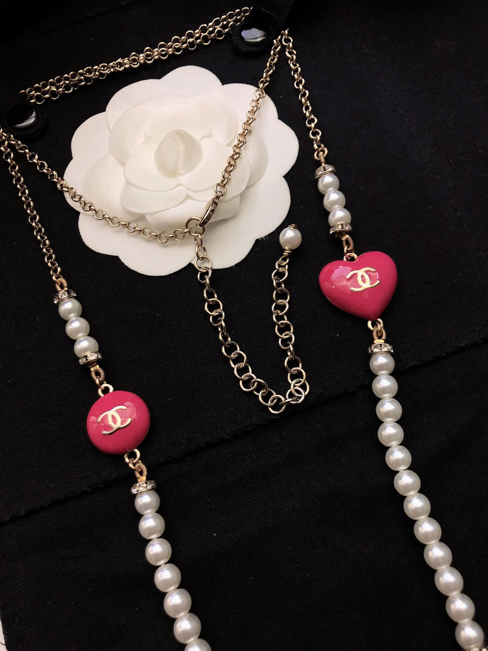 Chanel Pearl and Heart Charm Necklace