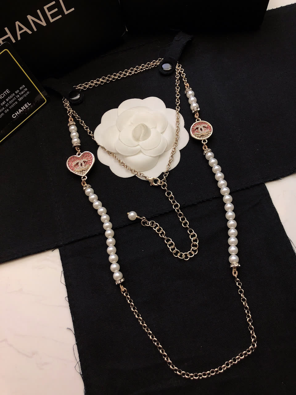 Chanel Pearl and Heart Charm Necklace