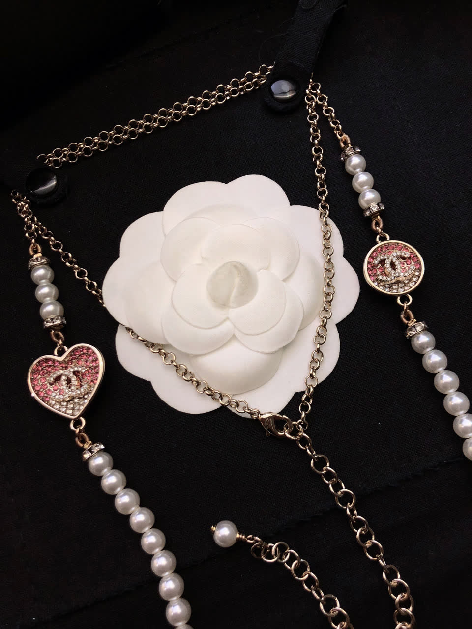 Chanel Pearl and Heart Charm Necklace