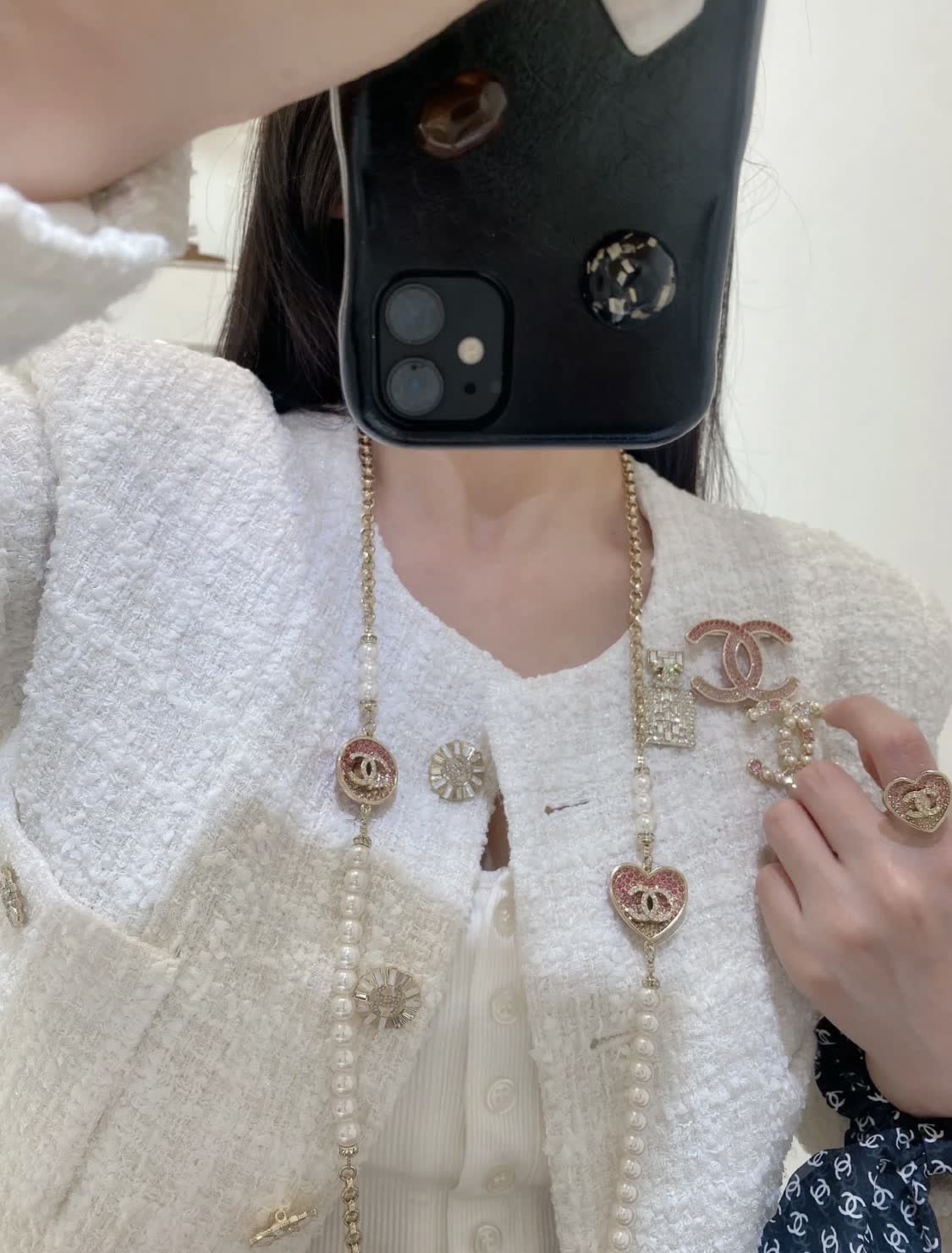 Chanel Pearl and Heart Charm Necklace