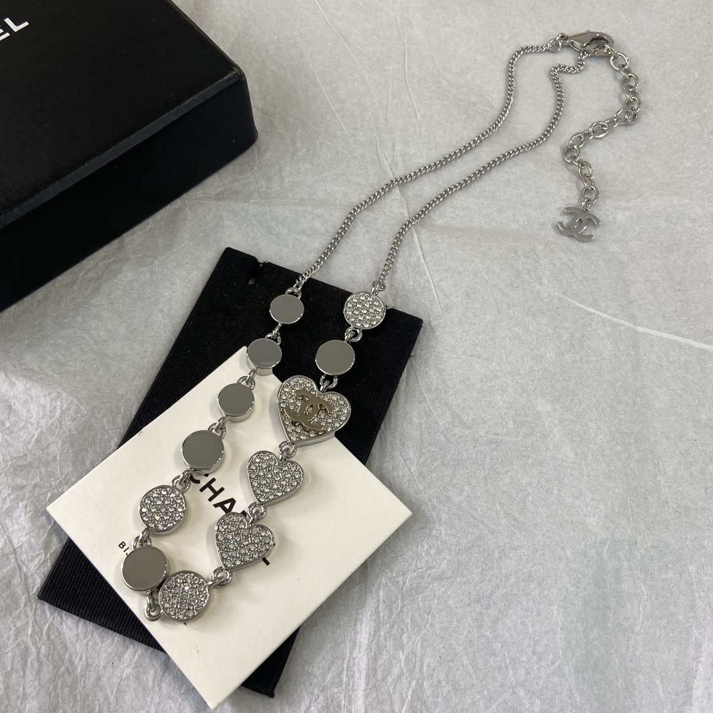 Chanel Silver Tone Crystal Heart Necklace