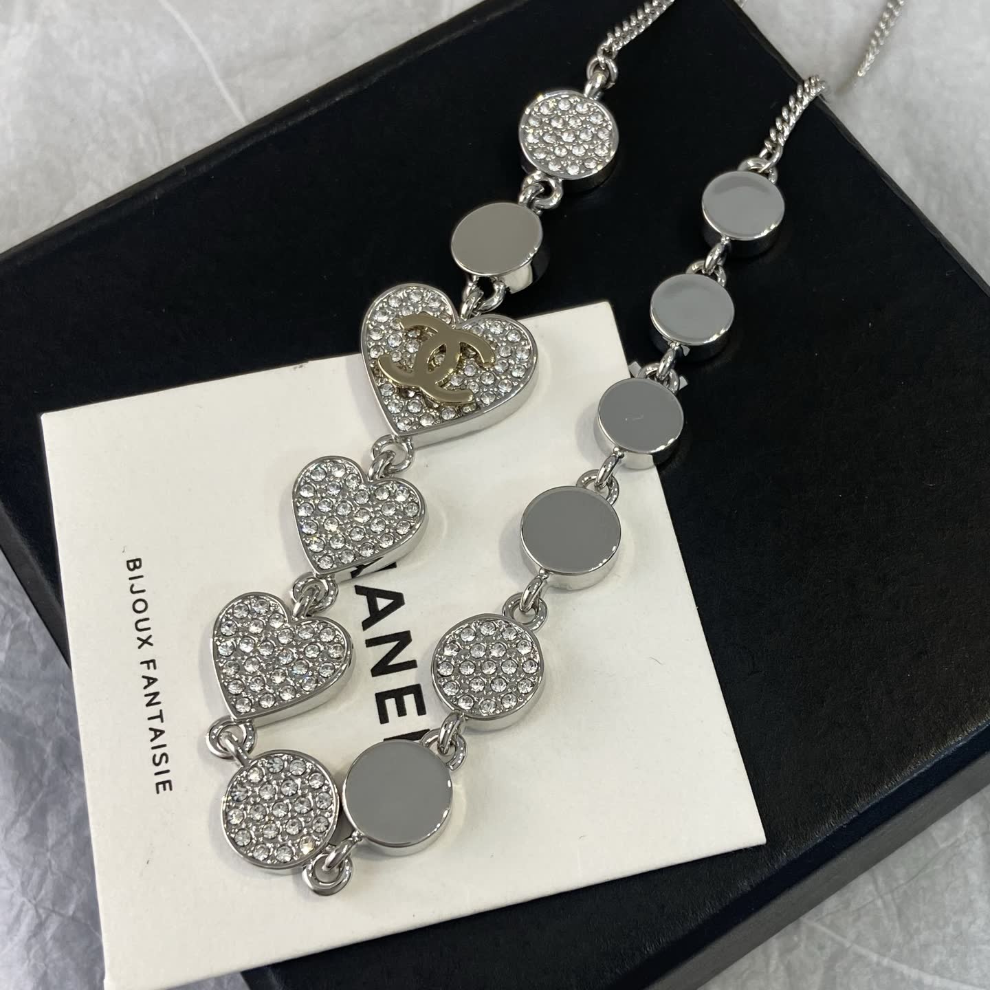 Chanel Silver Tone Crystal Heart Necklace
