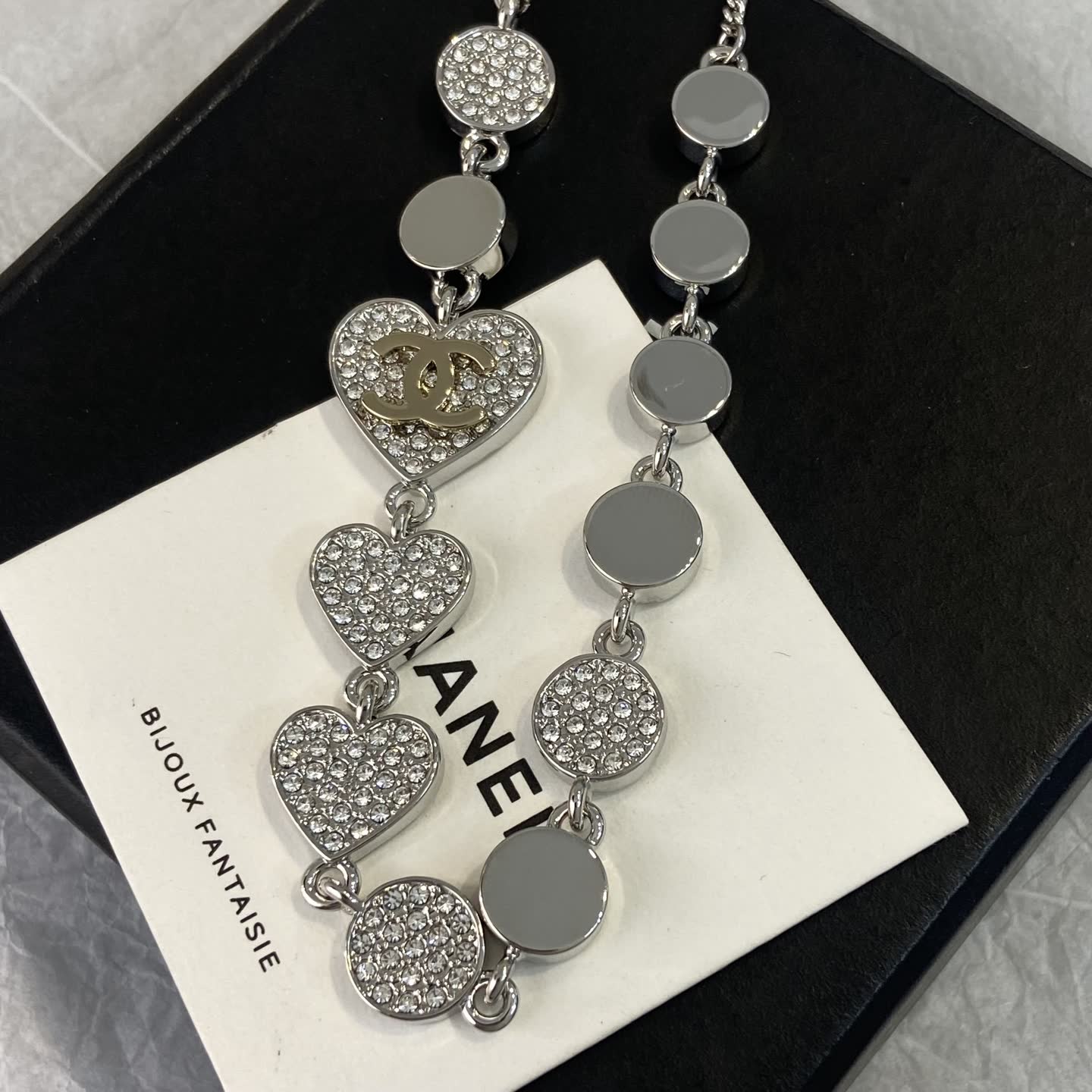 Chanel Silver Tone Crystal Heart Necklace