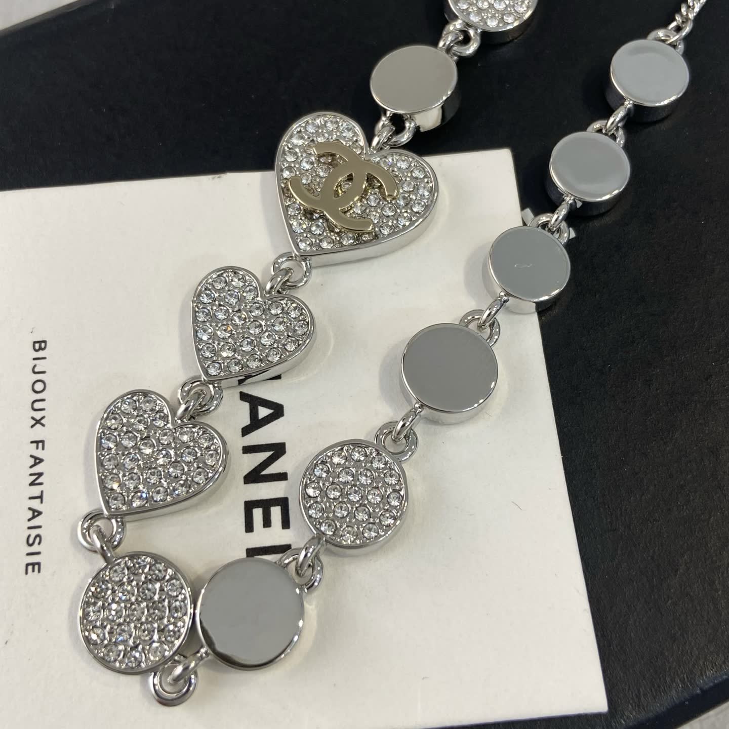 Chanel Silver Tone Crystal Heart Necklace