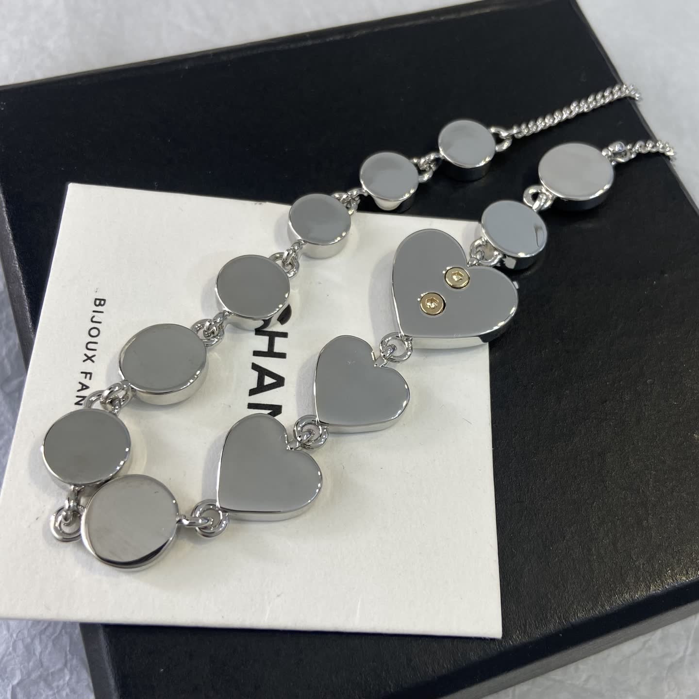 Chanel Silver Tone Crystal Heart Necklace