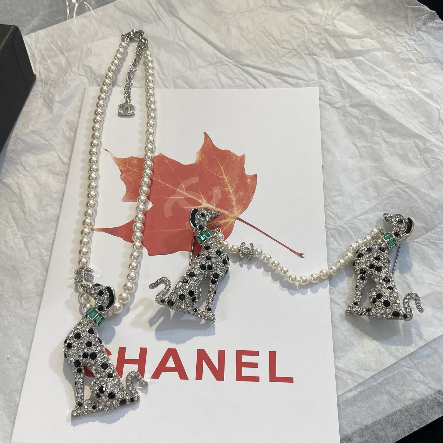 Chanel Pearl and Crystal Dog Necklace Set
