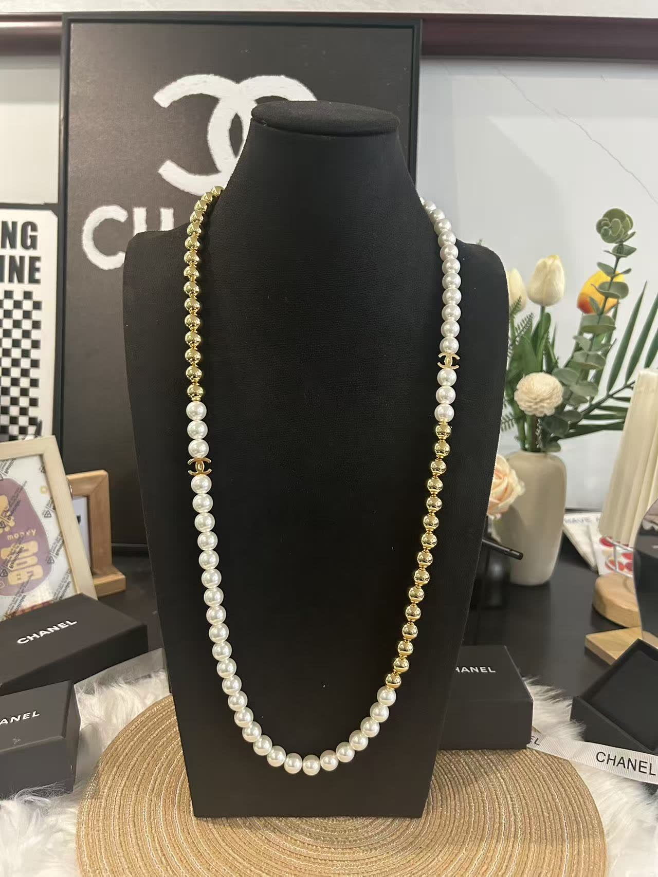 Chanel Pearl and Gold Bead Necklace