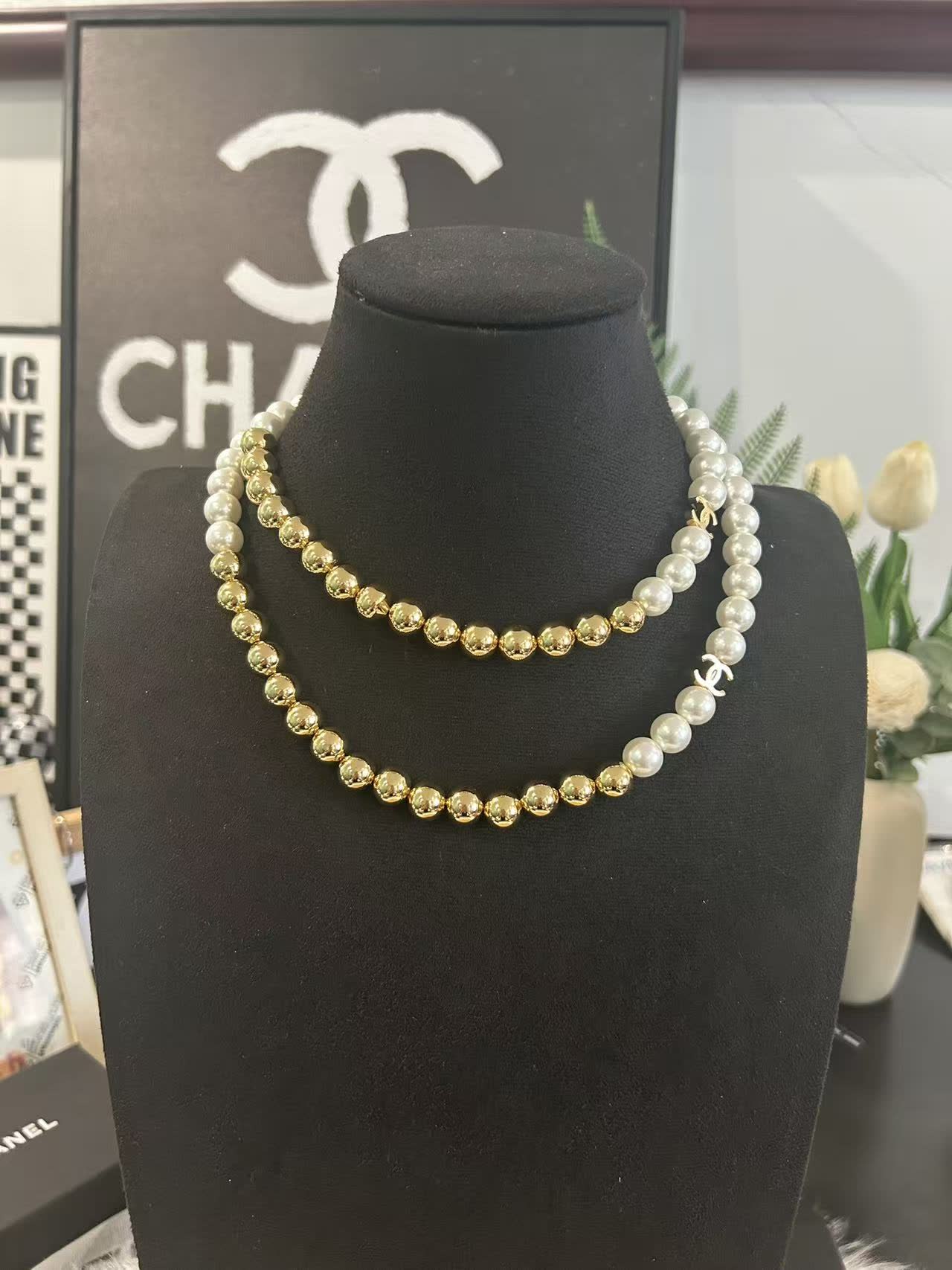 Chanel Pearl and Gold Bead Necklace