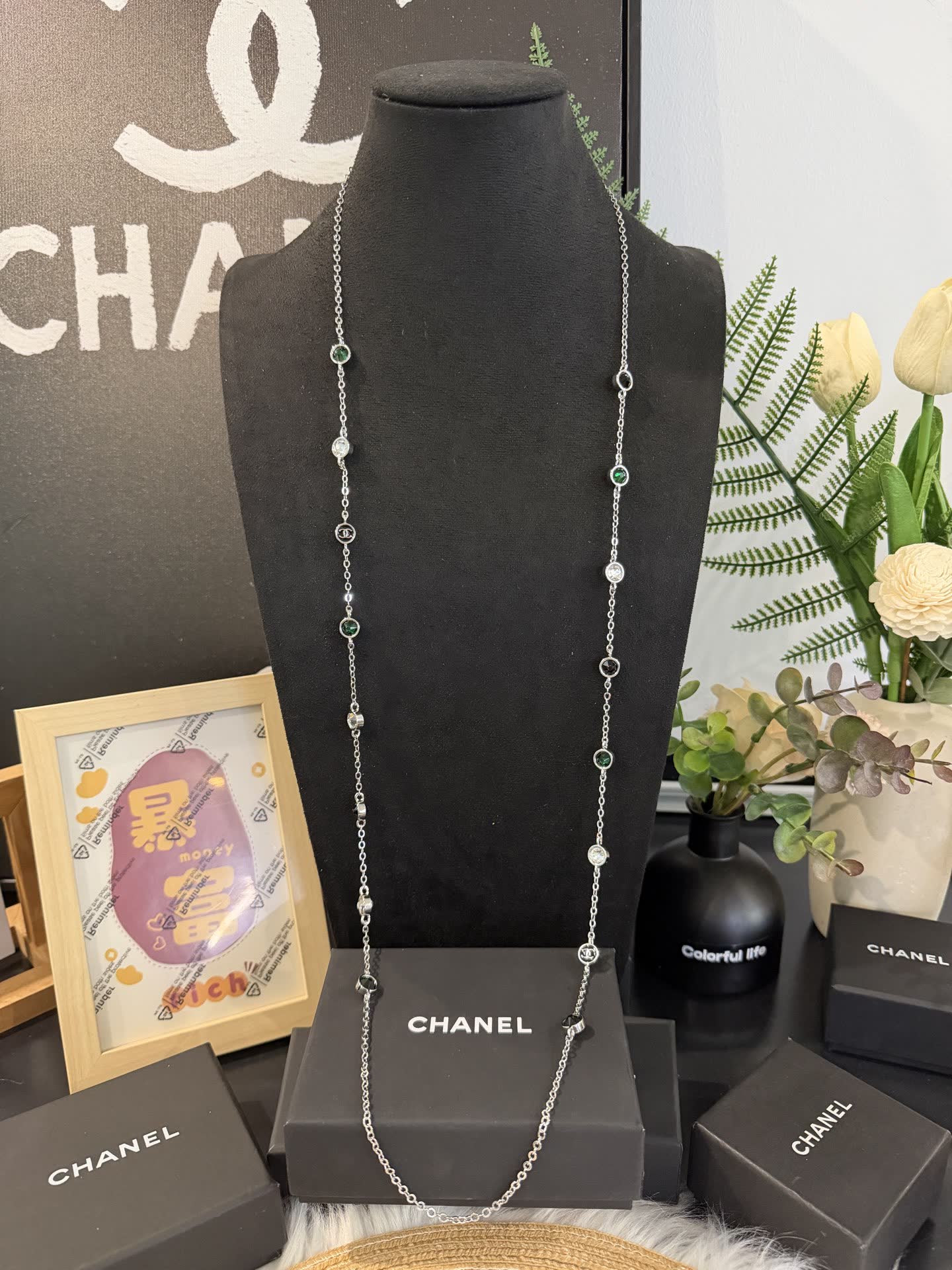 Chanel Long Chain Necklace with Gemstones