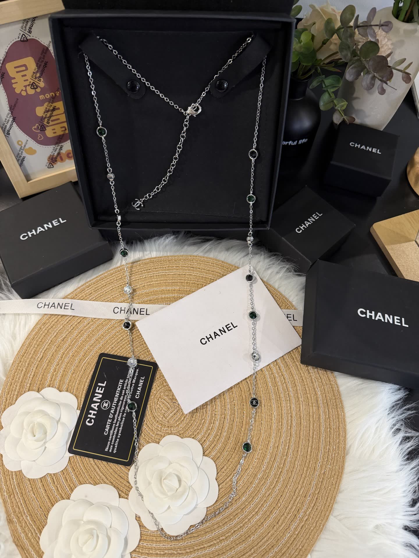 Chanel Long Chain Necklace with Gemstones