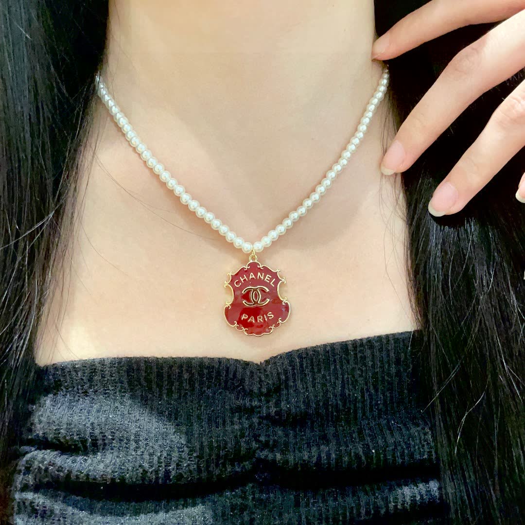 Chanel Paris Red Enamel Logo Pendant Necklace with Pearl Chain