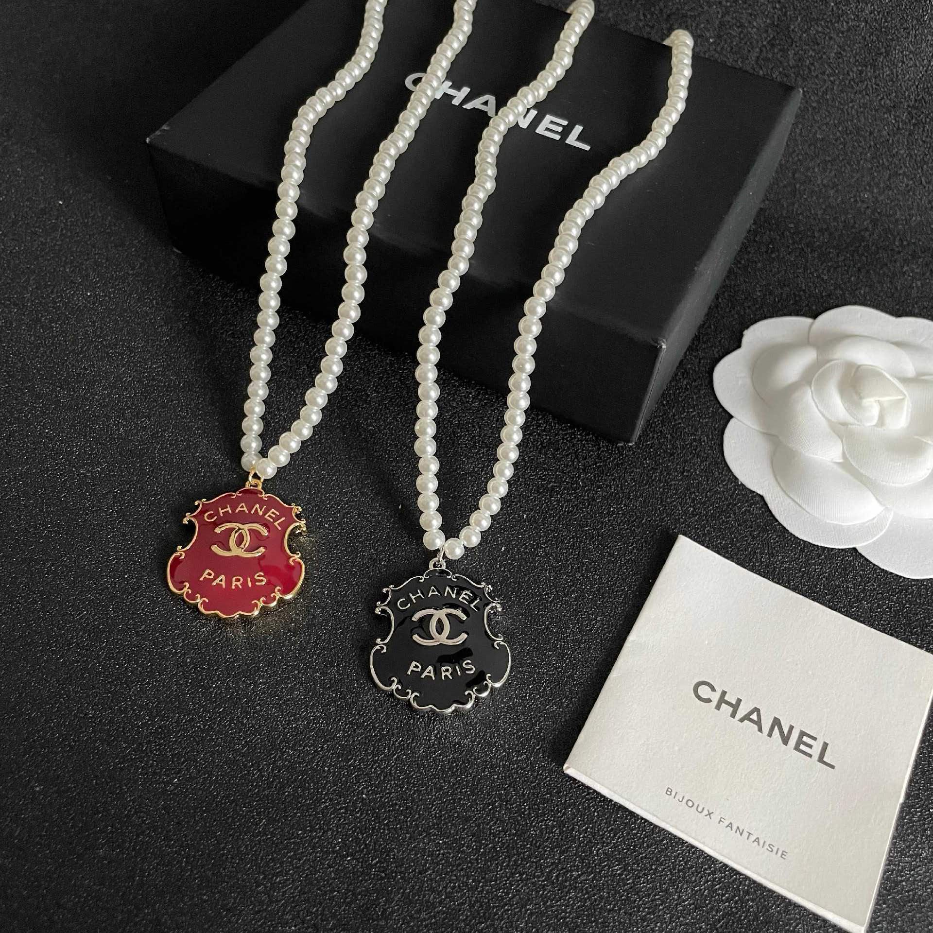 Chanel Paris Red Enamel Logo Pendant Necklace with Pearl Chain