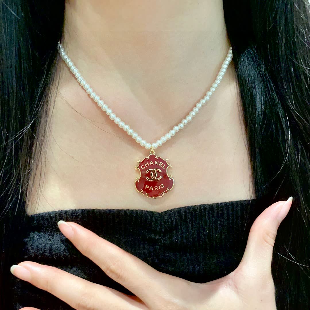Chanel Paris Red Enamel Logo Pendant Necklace with Pearl Chain