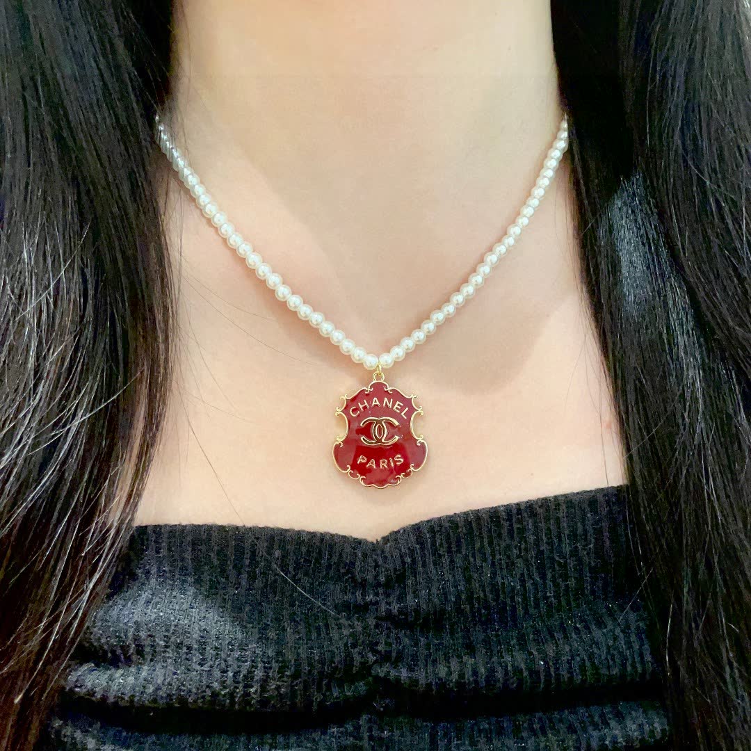 Chanel Paris Red Enamel Logo Pendant Necklace with Pearl Chain
