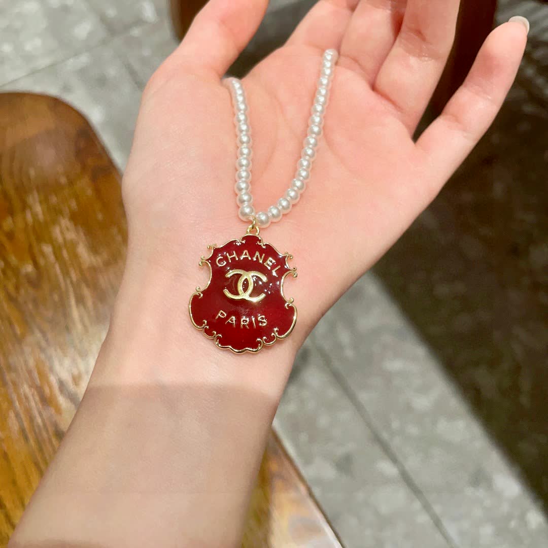 Chanel Paris Red Enamel Logo Pendant Necklace with Pearl Chain