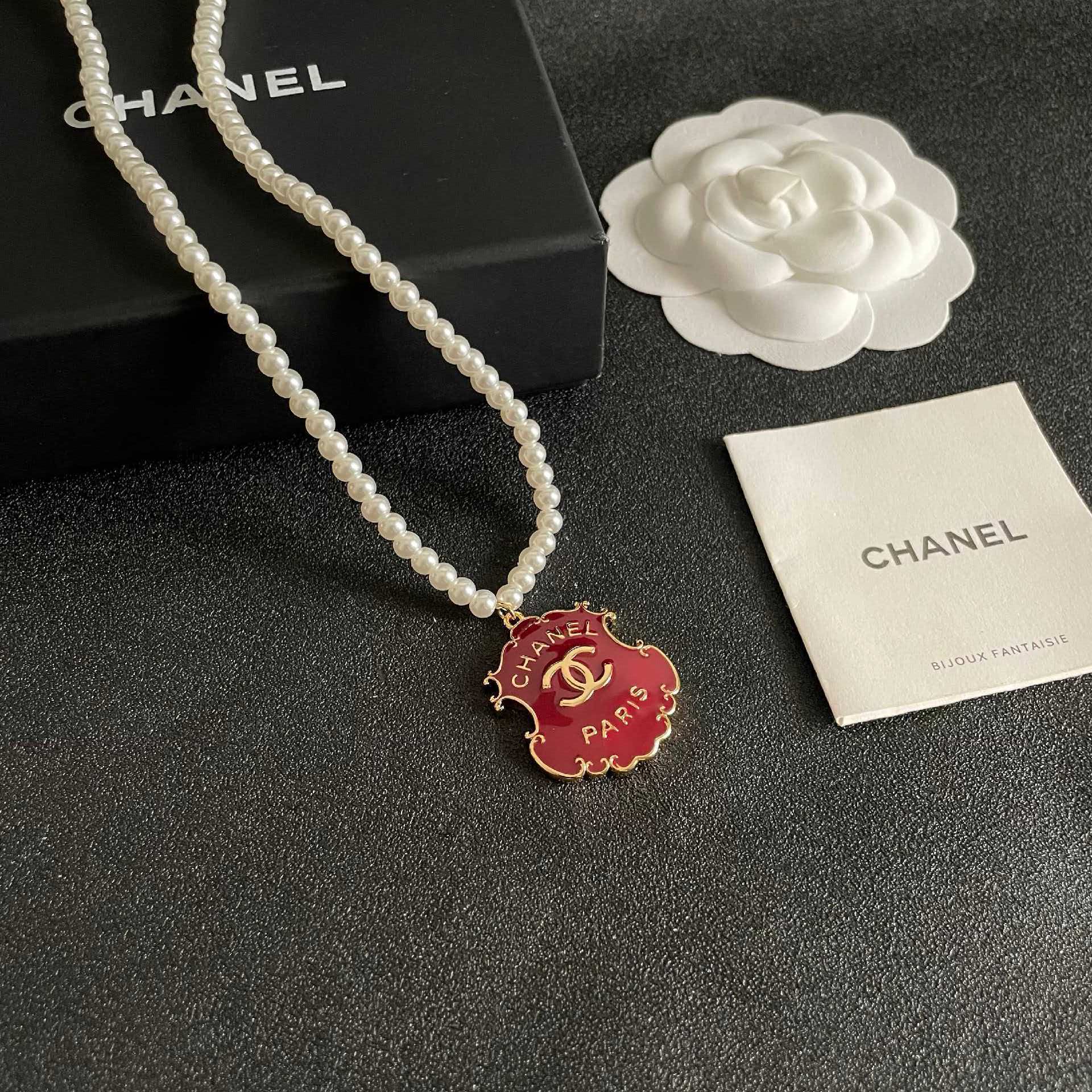 Chanel Paris Red Enamel Logo Pendant Necklace with Pearl Chain
