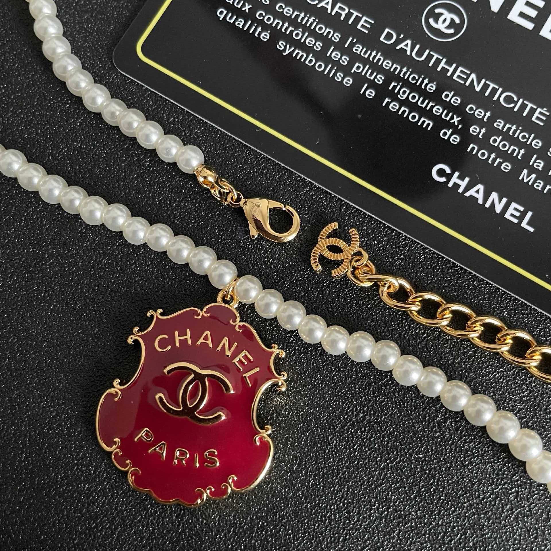 Chanel Paris Red Enamel Logo Pendant Necklace with Pearl Chain