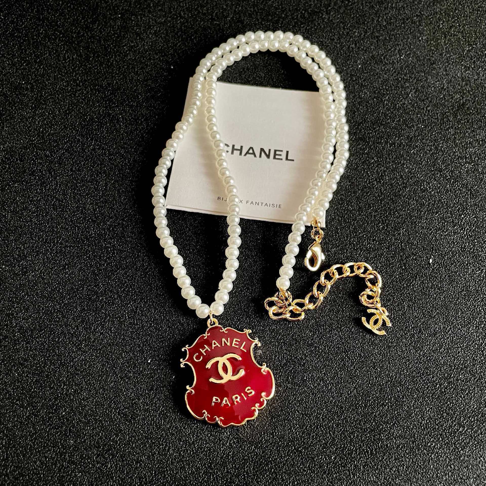 Chanel Paris Red Enamel Logo Pendant Necklace with Pearl Chain