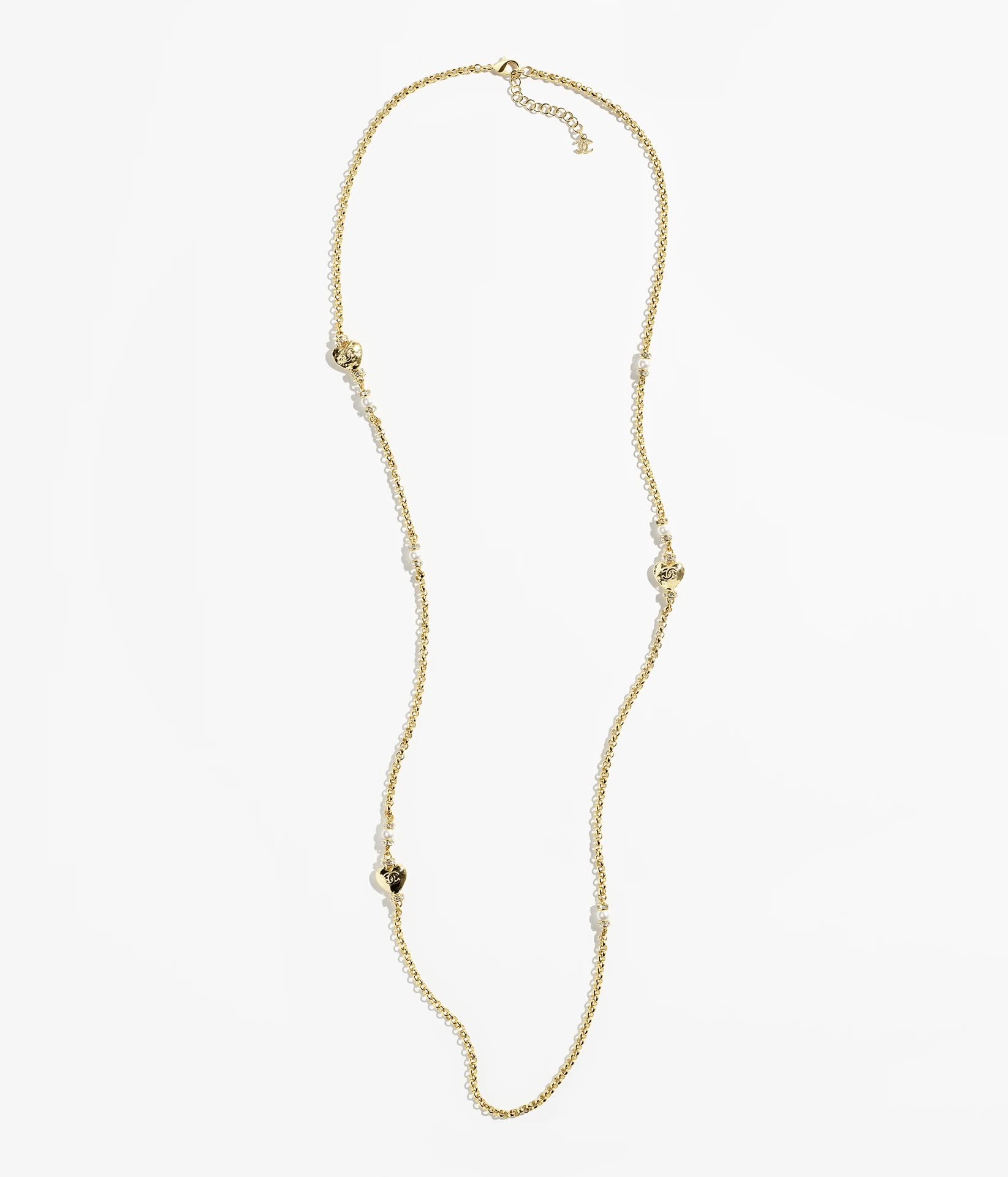 Chanel Gold Tone Pearl and Heart Charm Necklace
