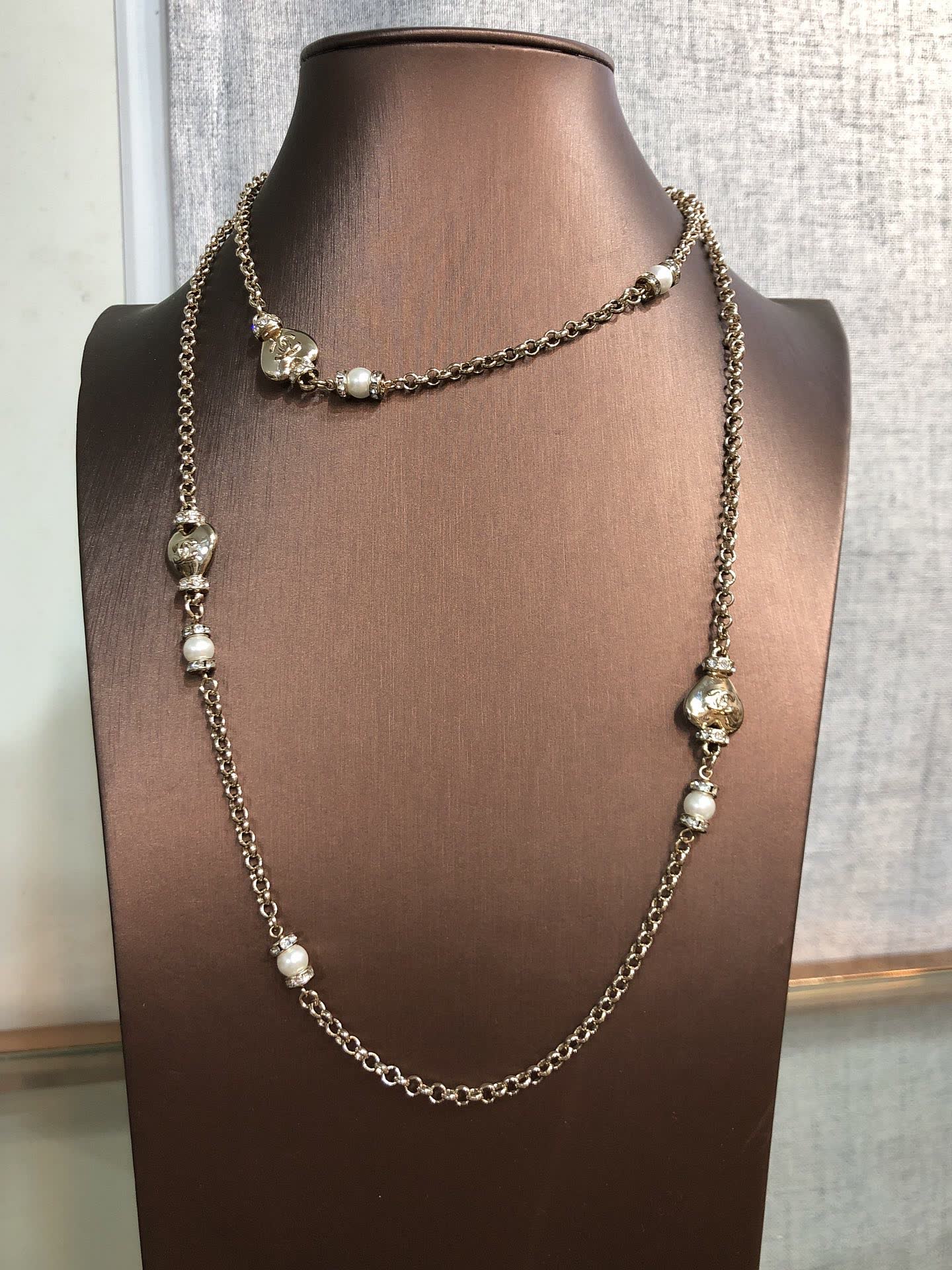 Chanel Gold Tone Pearl and Heart Charm Necklace