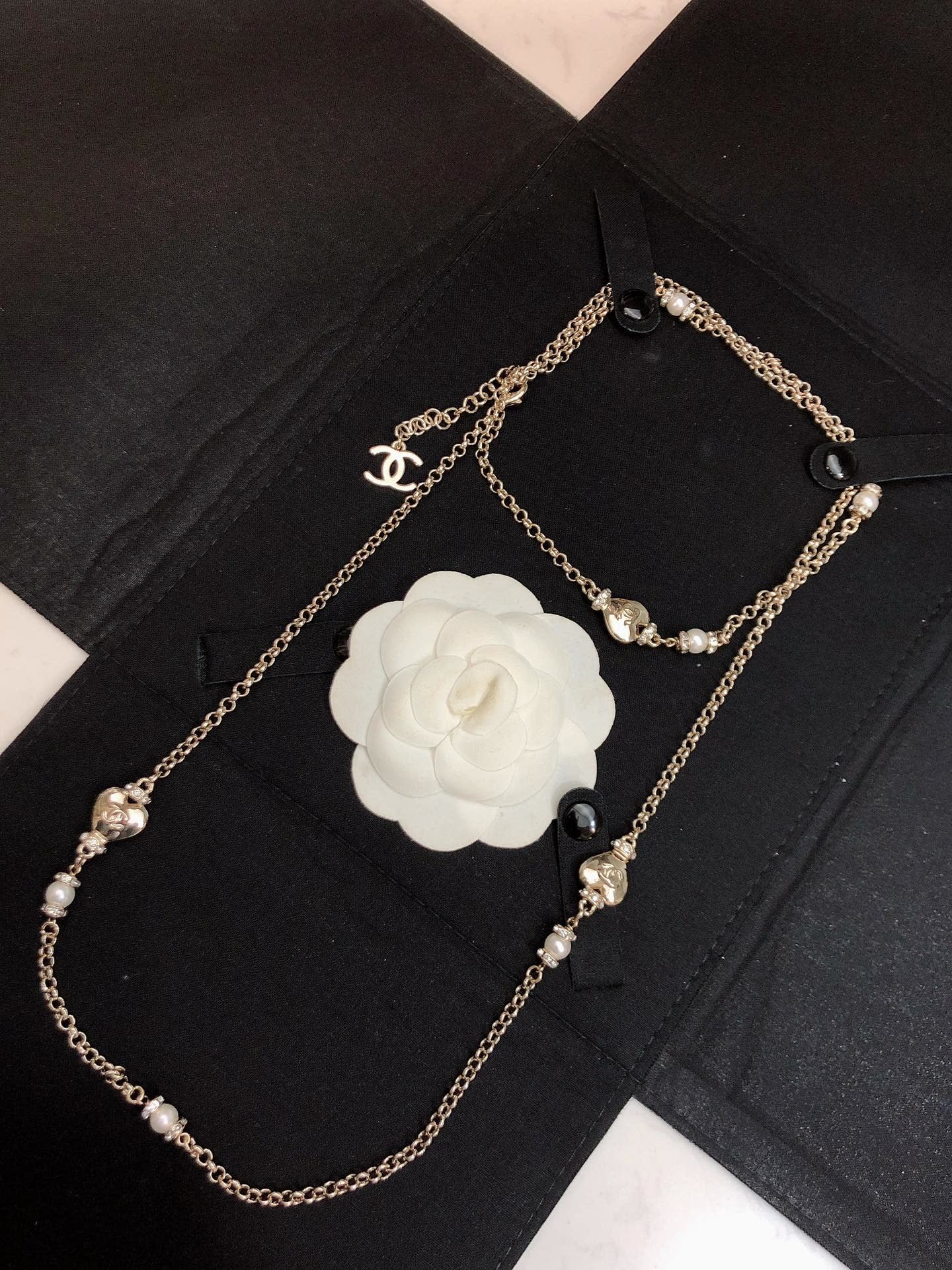 Chanel Gold Tone Pearl and Heart Charm Necklace