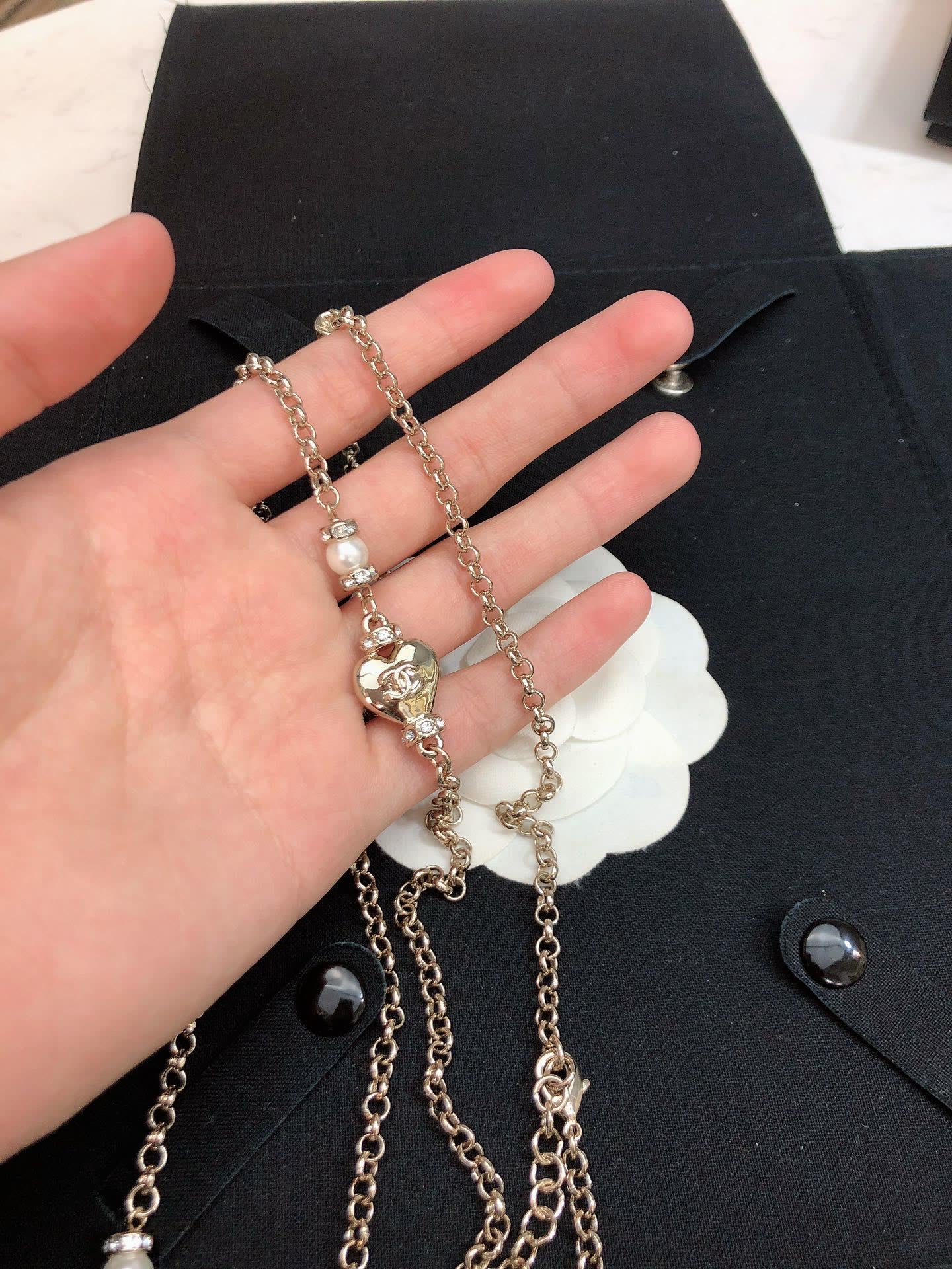Chanel Gold Tone Pearl and Heart Charm Necklace