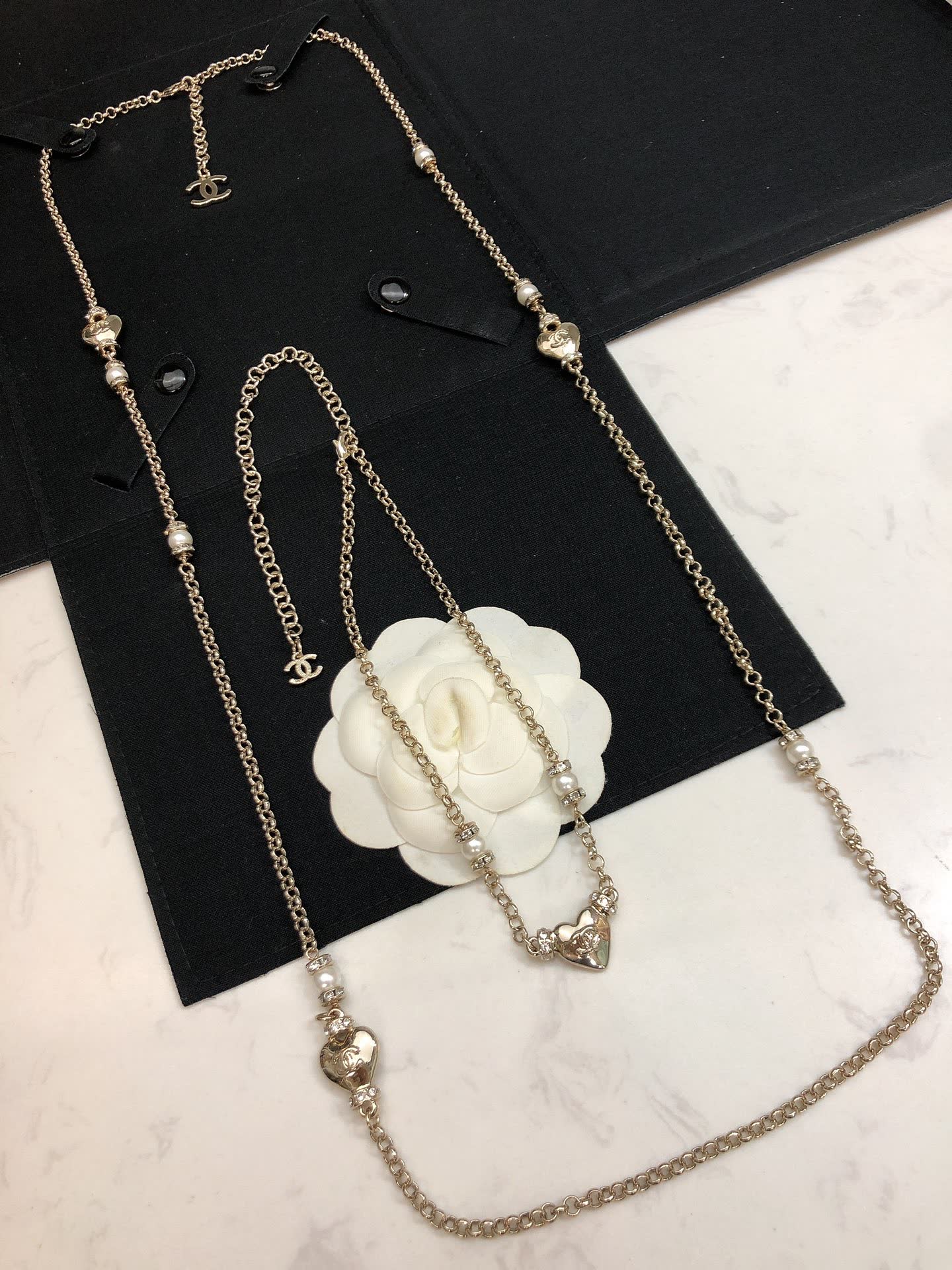 Chanel Gold Tone Pearl and Heart Charm Necklace