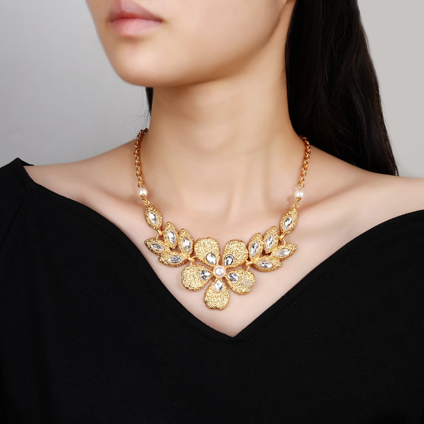 Chanel Elegant Gold-Tone Crystal Flower Statement Necklace