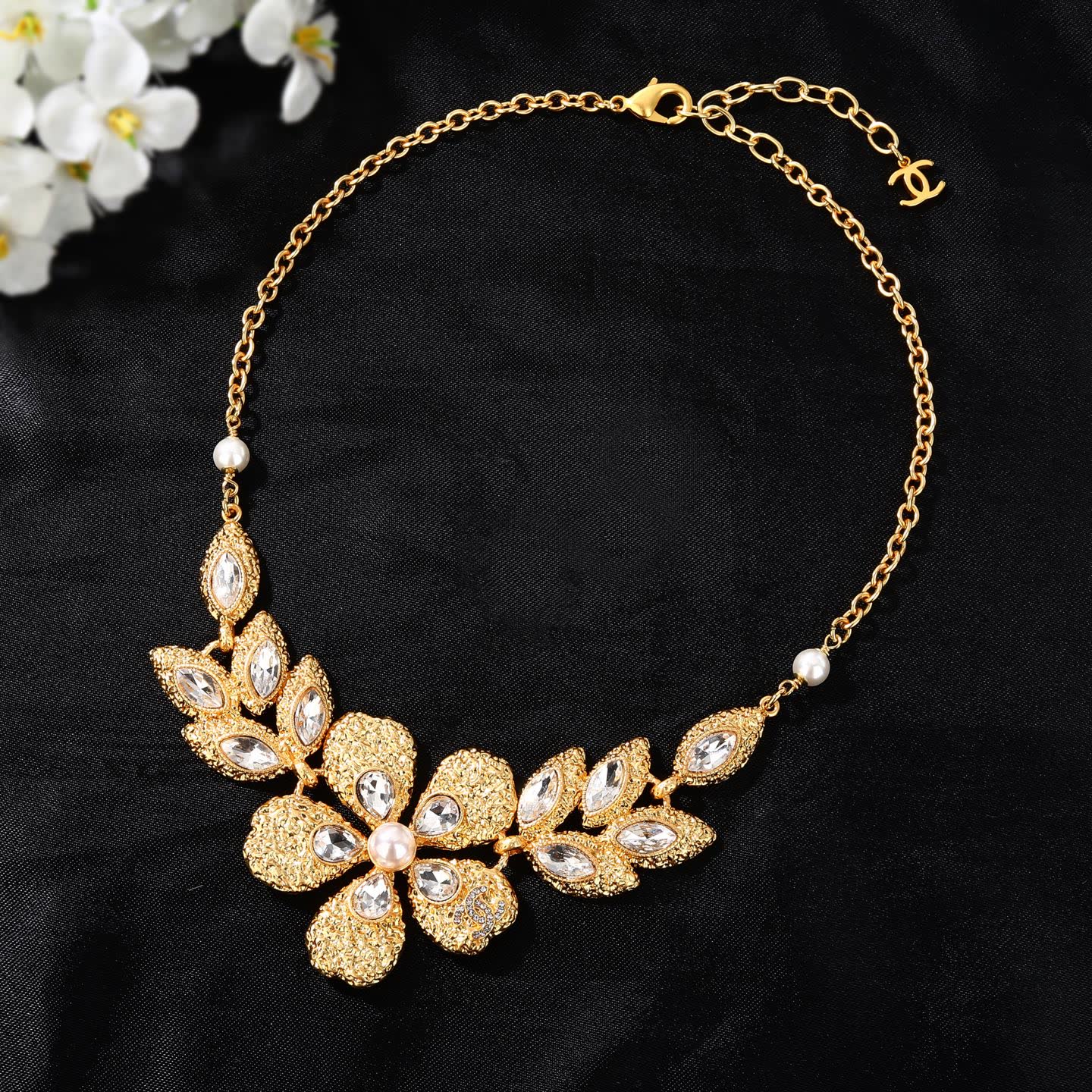 Chanel Elegant Gold-Tone Crystal Flower Statement Necklace