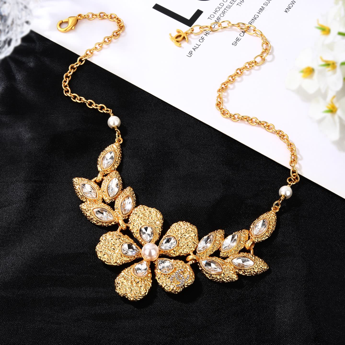Chanel Elegant Gold-Tone Crystal Flower Statement Necklace