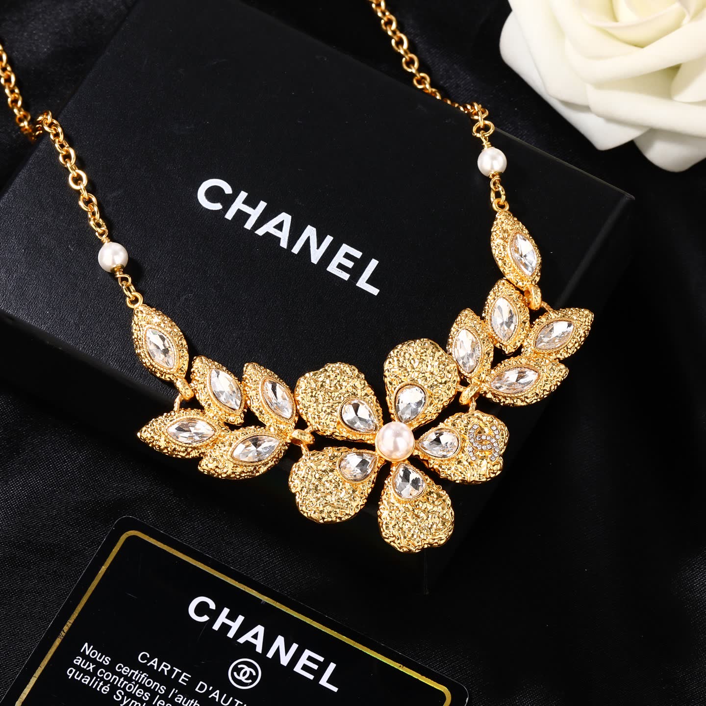 Chanel Elegant Gold-Tone Crystal Flower Statement Necklace