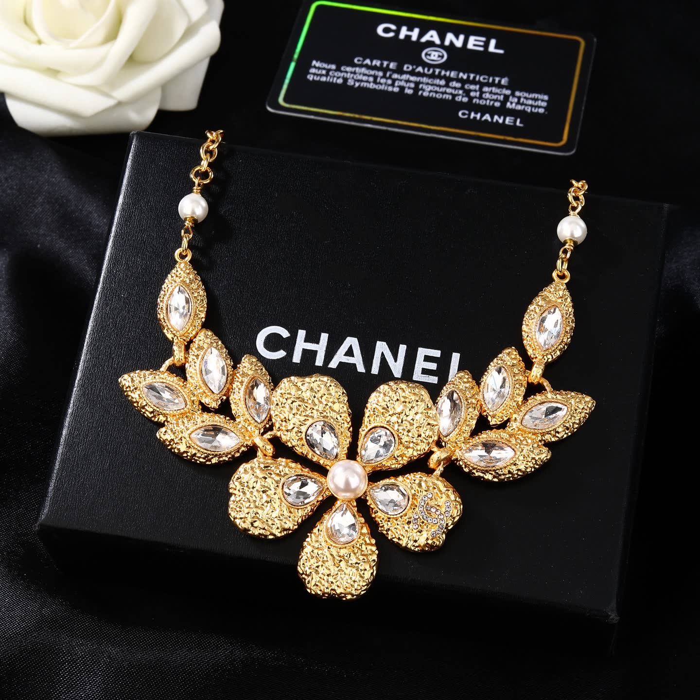 Chanel Elegant Gold-Tone Crystal Flower Statement Necklace