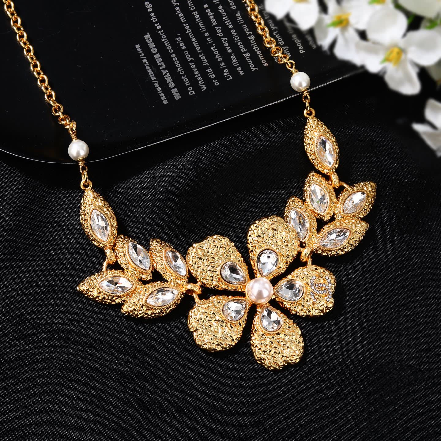 Chanel Elegant Gold-Tone Crystal Flower Statement Necklace